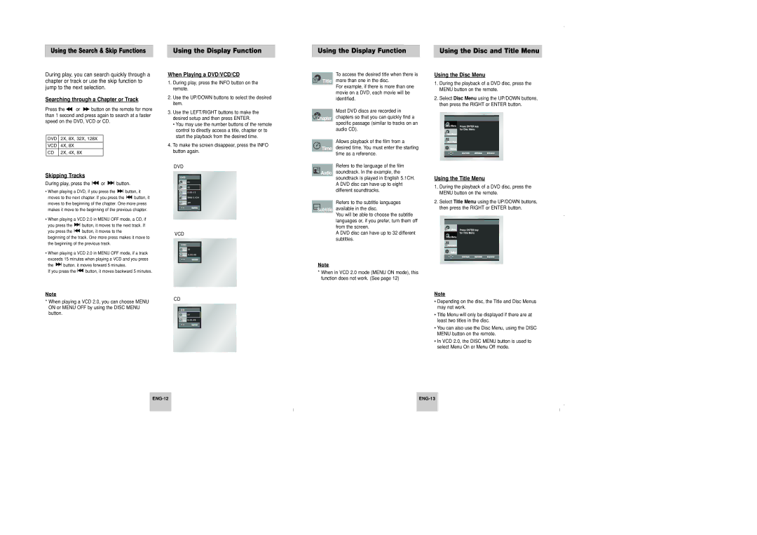 Samsung DVD-P348 manual Using the Display Function Using the Disc and Title Menu 