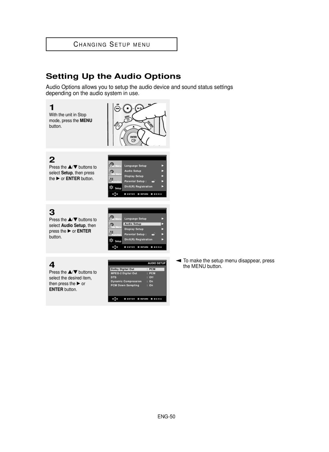 Samsung DVD-P350K/AFR, DVD-P350K/XSS, DVD-P350K/AND, DVD-P350K/XSG, DVD-P350K/UMG manual Setting Up the Audio Options, ENG-50 