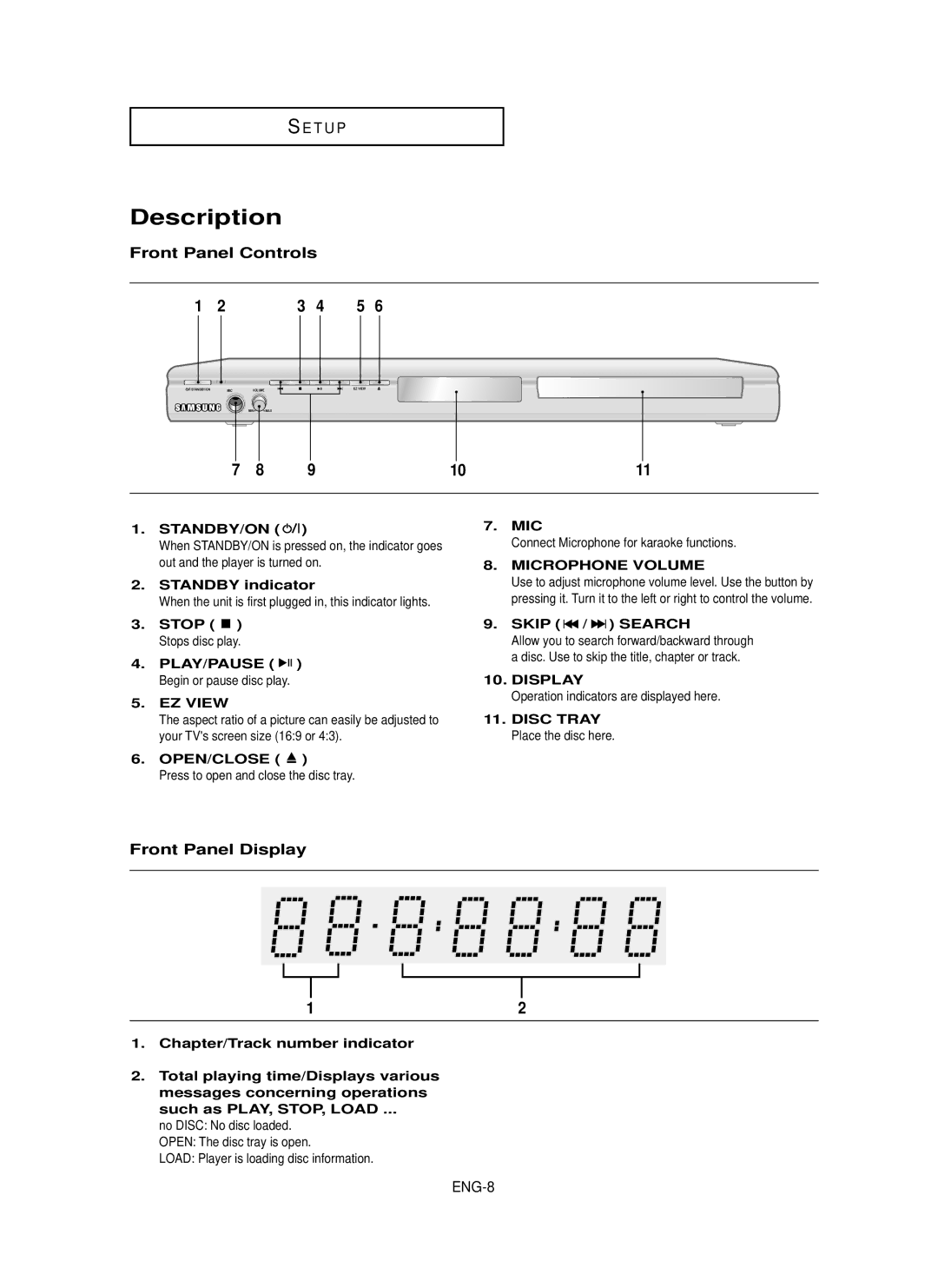 Samsung DVD-P350K/XSG, DVD-P350K/AFR, DVD-P350K/XSS, DVD-P350K/AND Description, Front Panel Controls, Front Panel Display 