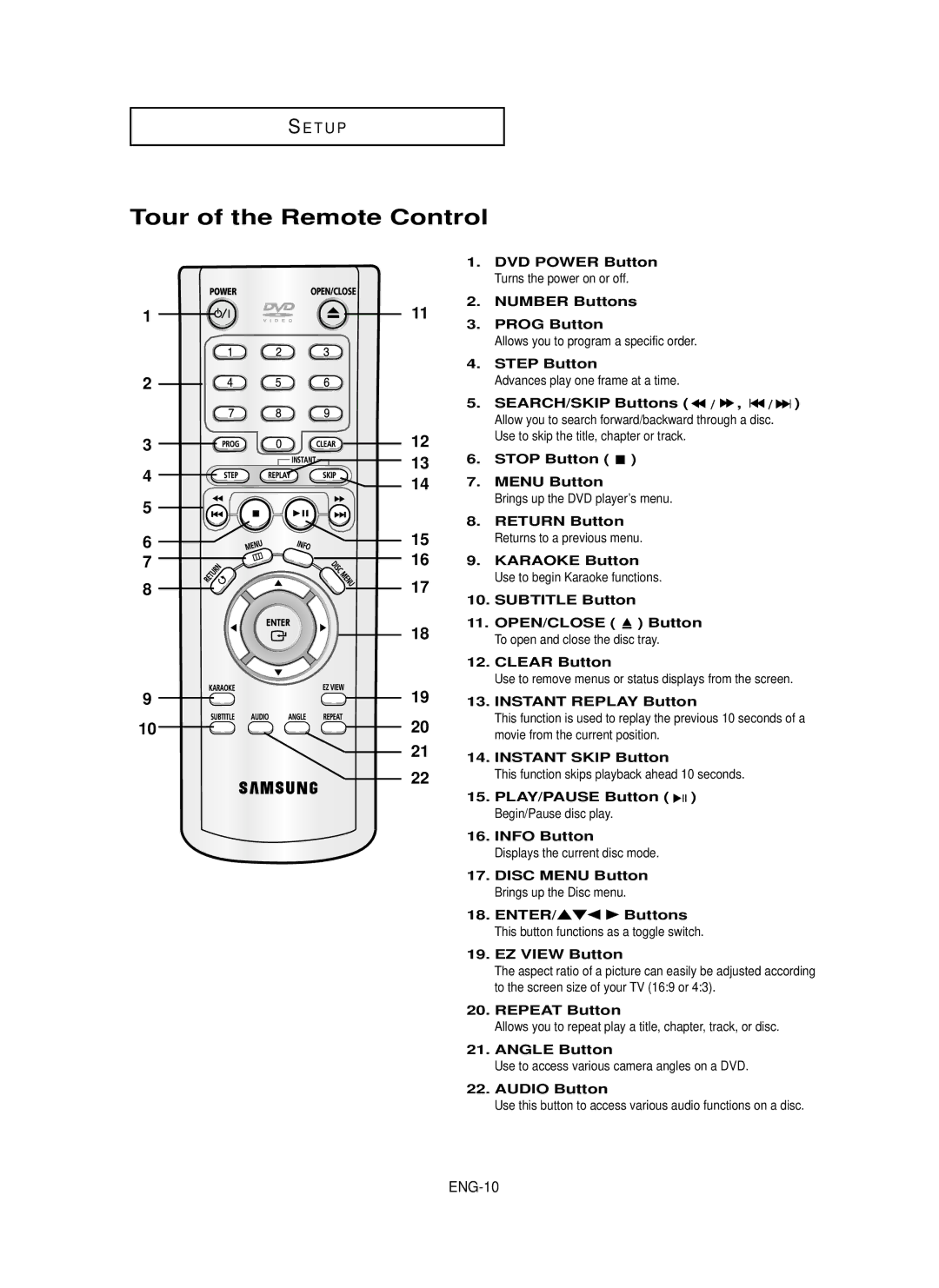 Samsung DVD-P350K/AFR, DVD-P350K/XSS, DVD-P350K/AND, DVD-P350K/XSG, DVD-P350K/UMG manual Tour of the Remote Control, ENG-10 