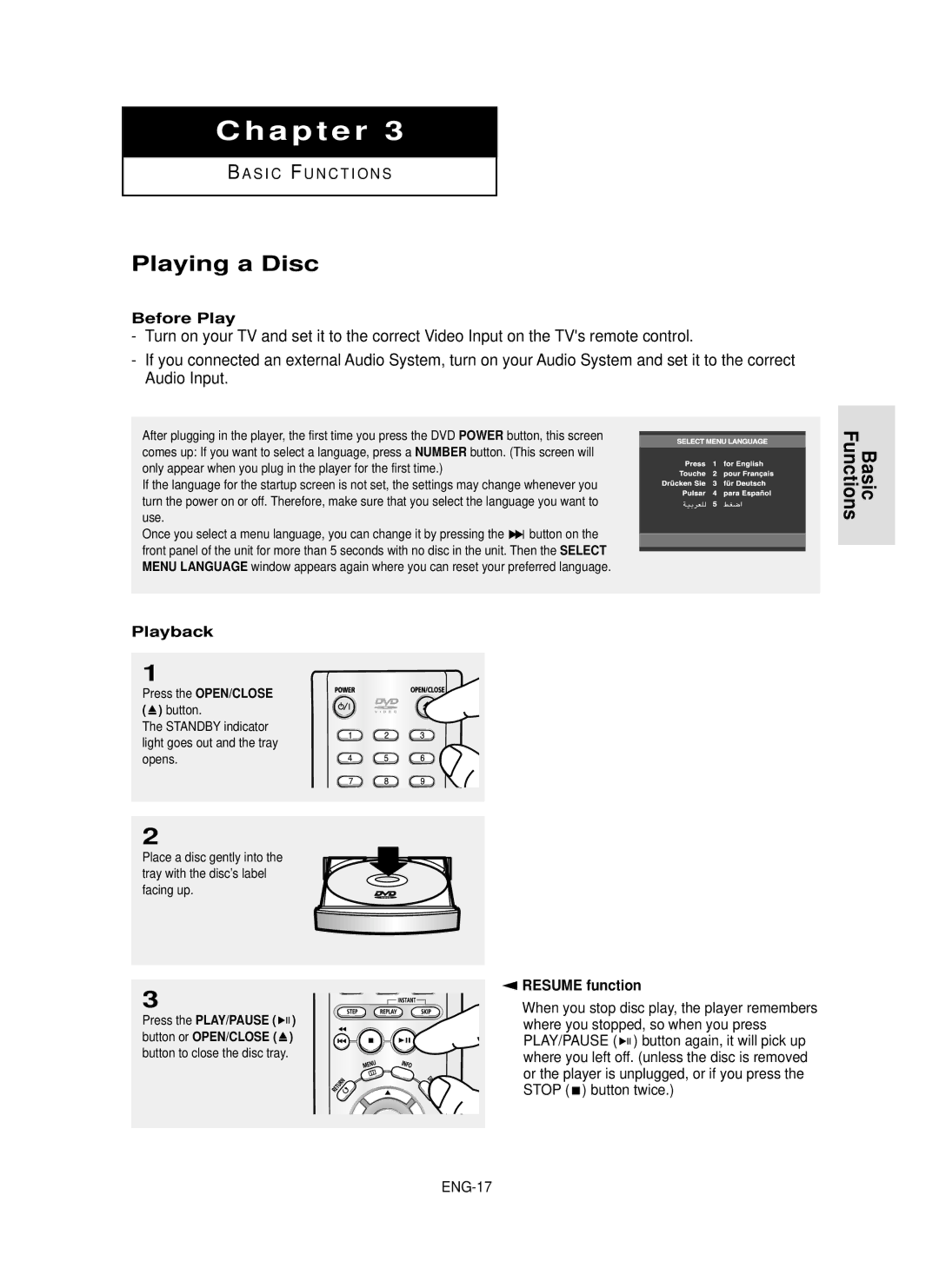 Samsung DVD-P350K/AND, DVD-P350K/AFR, DVD-P350K/XSS, DVD-P350K/XSG Playing a Disc, Before Play, Playback, Resume function 