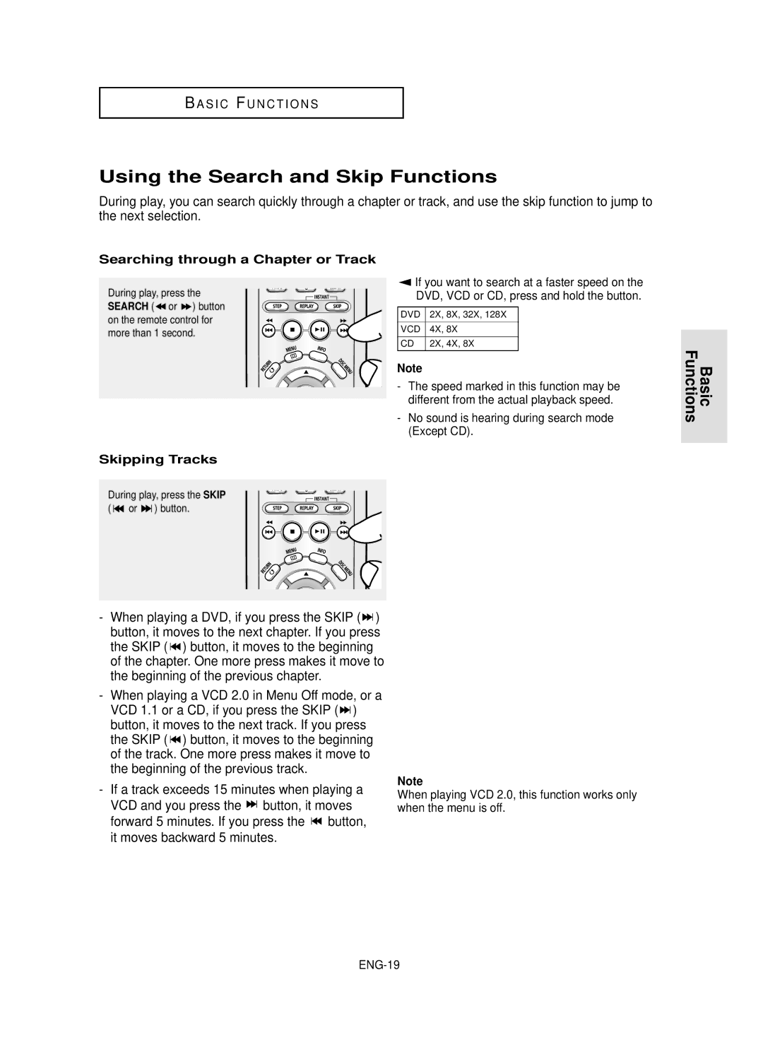 Samsung DVD-P350K/UMG Using the Search and Skip Functions, Searching through a Chapter or Track, Skipping Tracks, ENG-19 