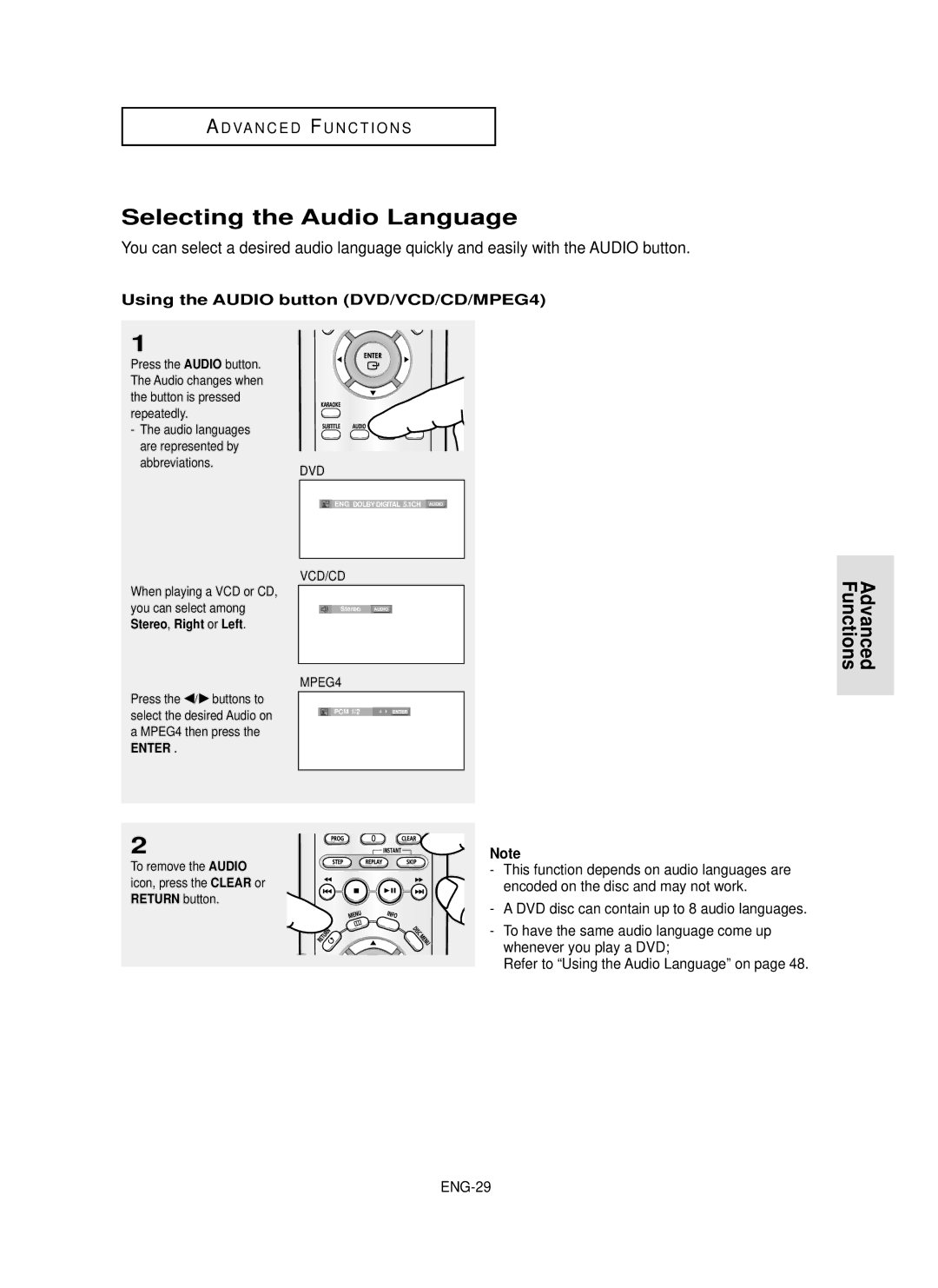 Samsung DVD-P350K/UMG manual Selecting the Audio Language, Using the Audio button DVD/VCD/CD/MPEG4, MPEG4 then press 