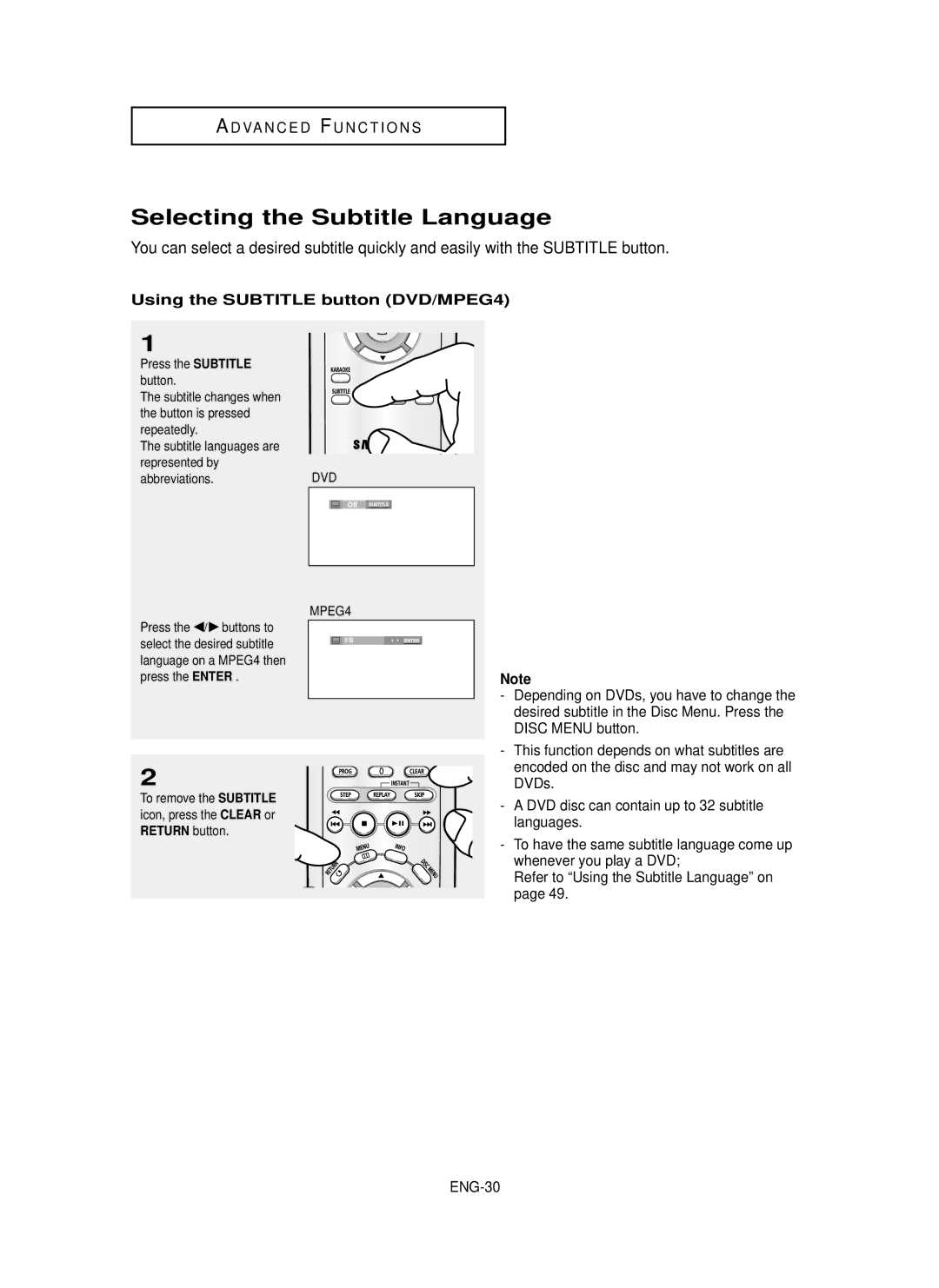 Samsung DVD-P350K/AFR Selecting the Subtitle Language, Using the Subtitle button DVD/MPEG4, Press the Subtitle button 