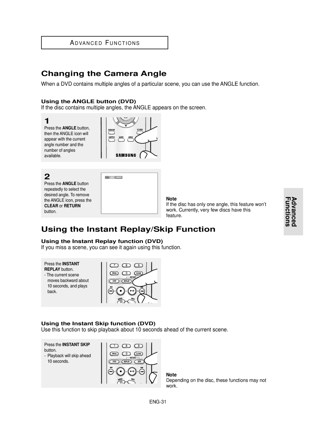 Samsung DVD-P350K/XSS manual Changing the Camera Angle, Using the Instant Replay/Skip Function, Using the Angle button DVD 