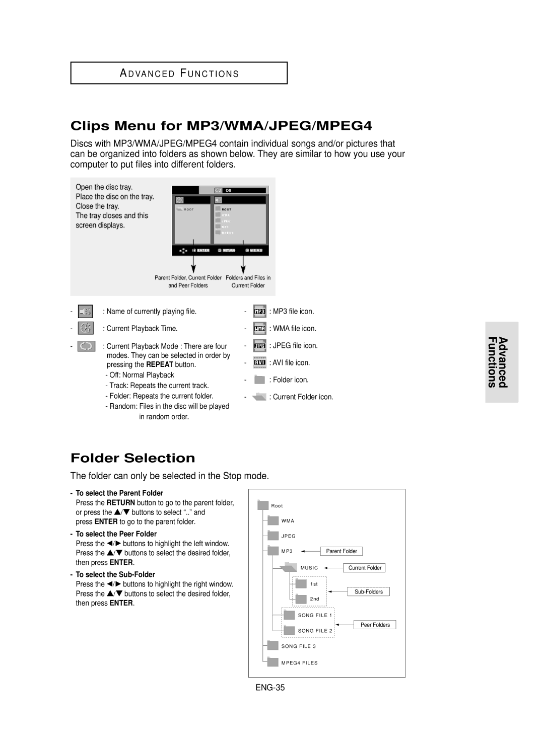 Samsung DVD-P350K/AFR, DVD-P350K/XSS, DVD-P350K/AND manual Clips Menu for MP3/WMA/JPEG/MPEG4, Folder Selection, ENG-35 