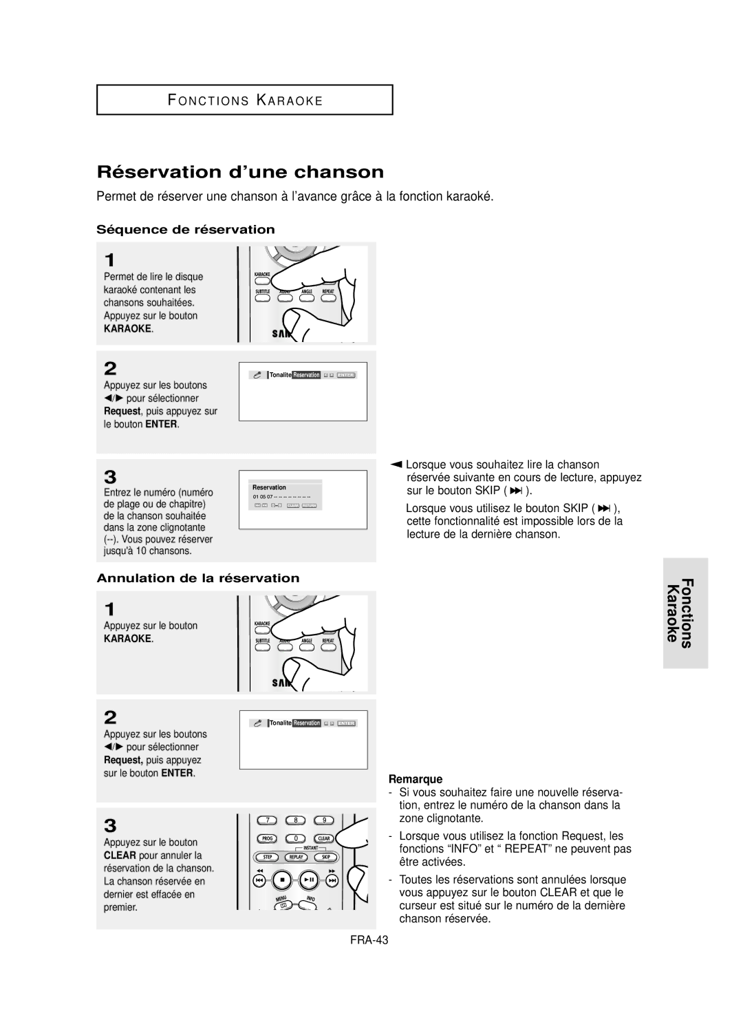 Samsung DVD-P350K/AFR manual Ré servation d’une chanson, Fonctions Karaoke, Sé quence de ré servation 