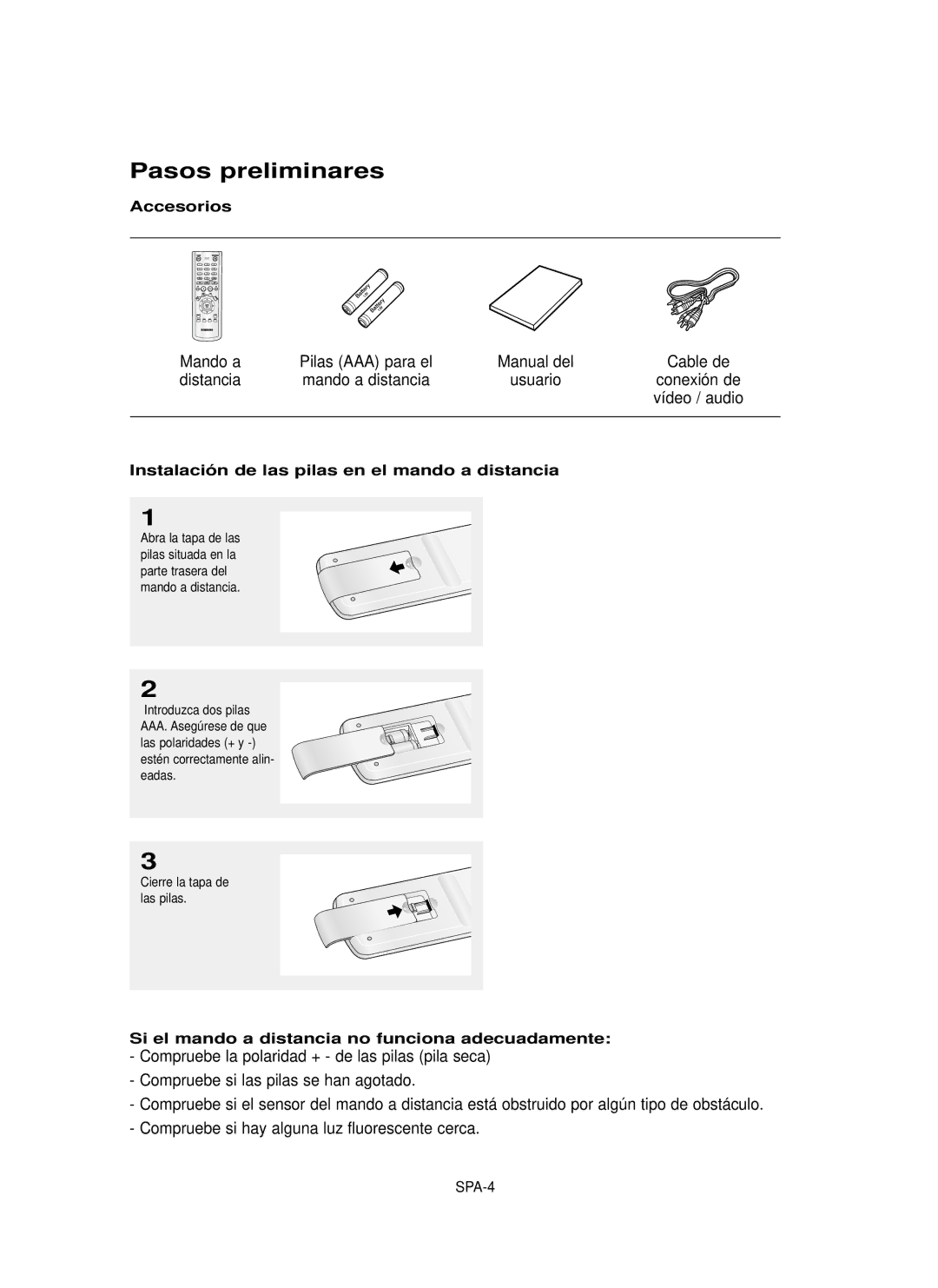 Samsung DVD-P350K/AFR manual Pasos preliminares, Accesorios, Instalació n de las pilas en el mando a distancia 