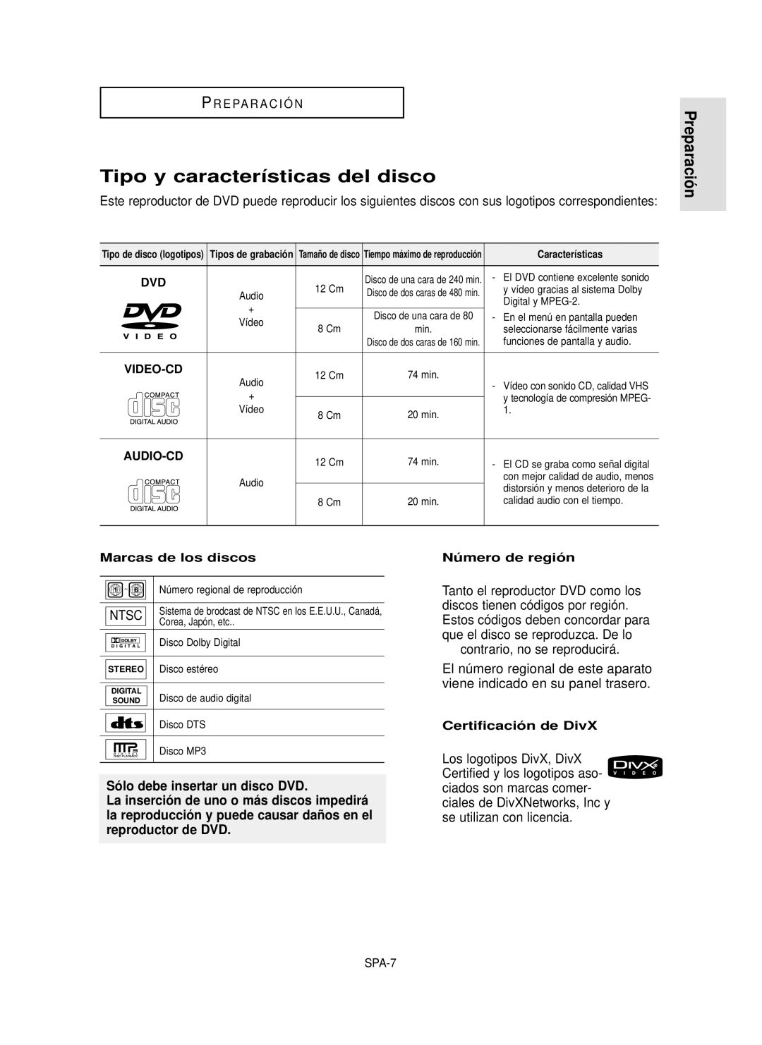 Samsung DVD-P350K/AFR manual Tipo y características del disco, Preparació n, Contrario, no se reproducirá 