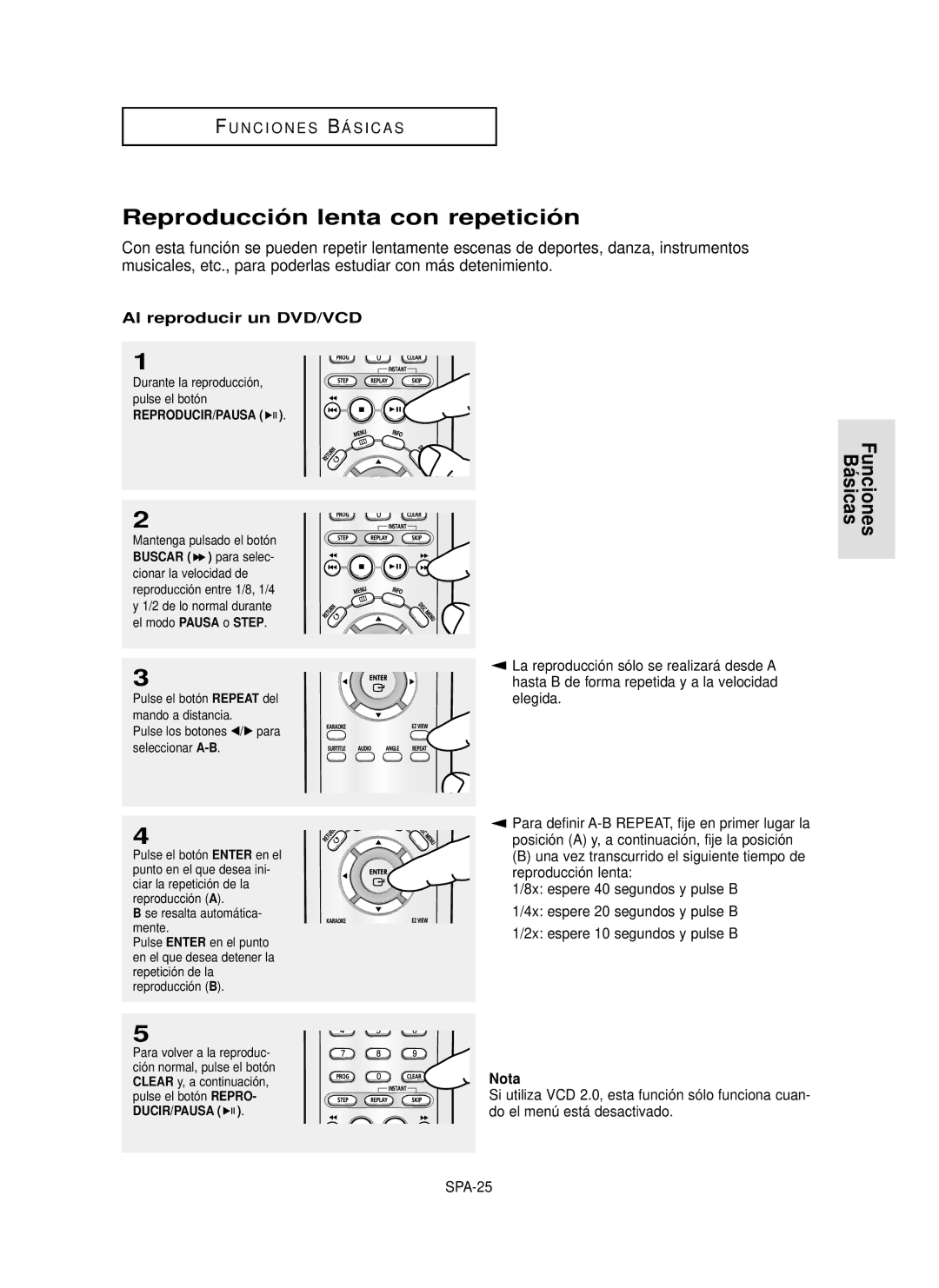 Samsung DVD-P350K/AFR Reproducció n lenta con repetició n, Al reproducir un DVD/VCD, Do el menú está desactivado, SPA-25 