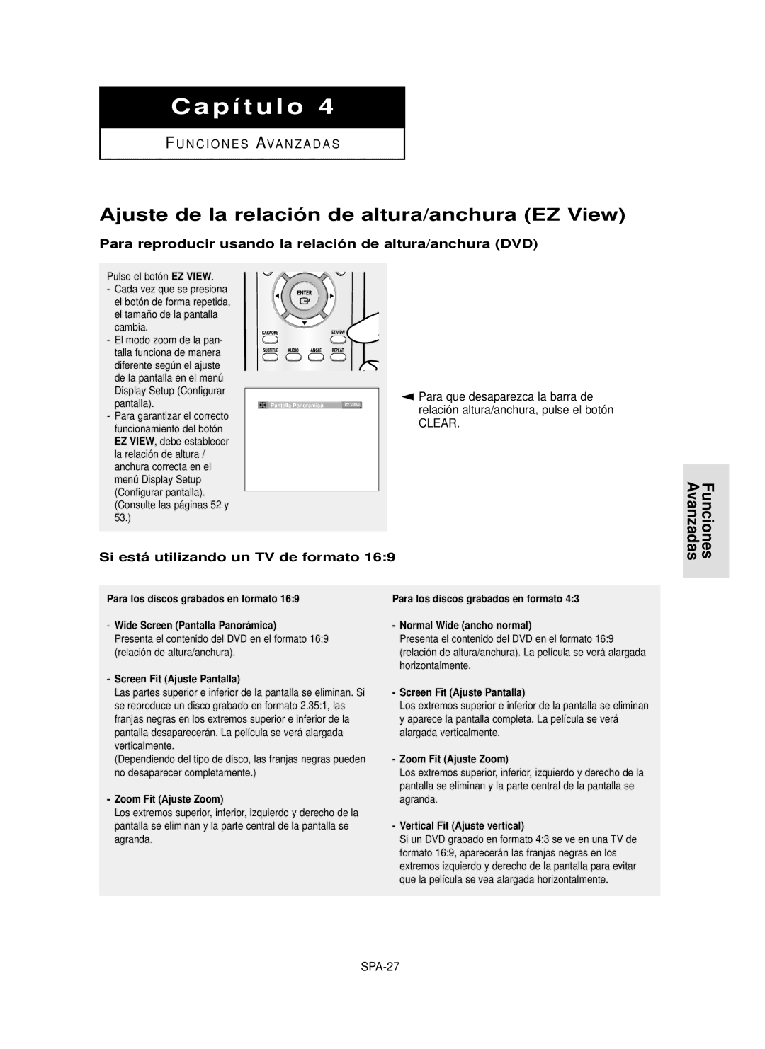 Samsung DVD-P350K/AFR manual Ajuste de la relació n de altura/anchura EZ View, Funciones Avanzadas, SPA-27 