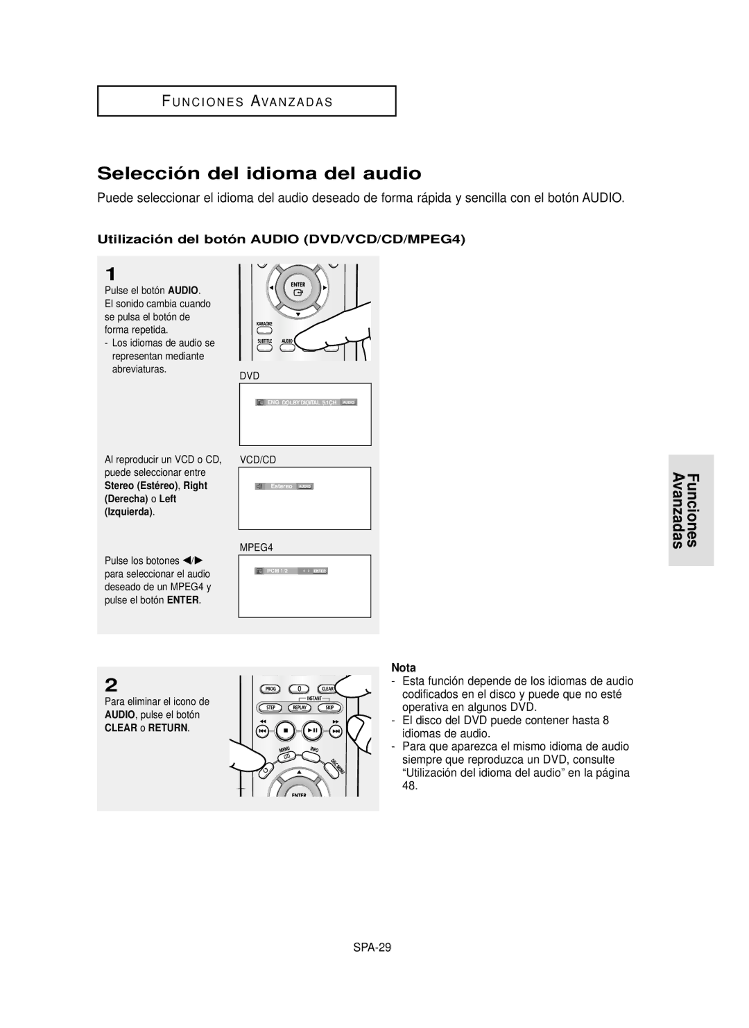 Samsung DVD-P350K/AFR Selección del idioma del audio, Funciones Avanzadas, Utilización del botón Audio DVD/VCD/CD/MPEG4 