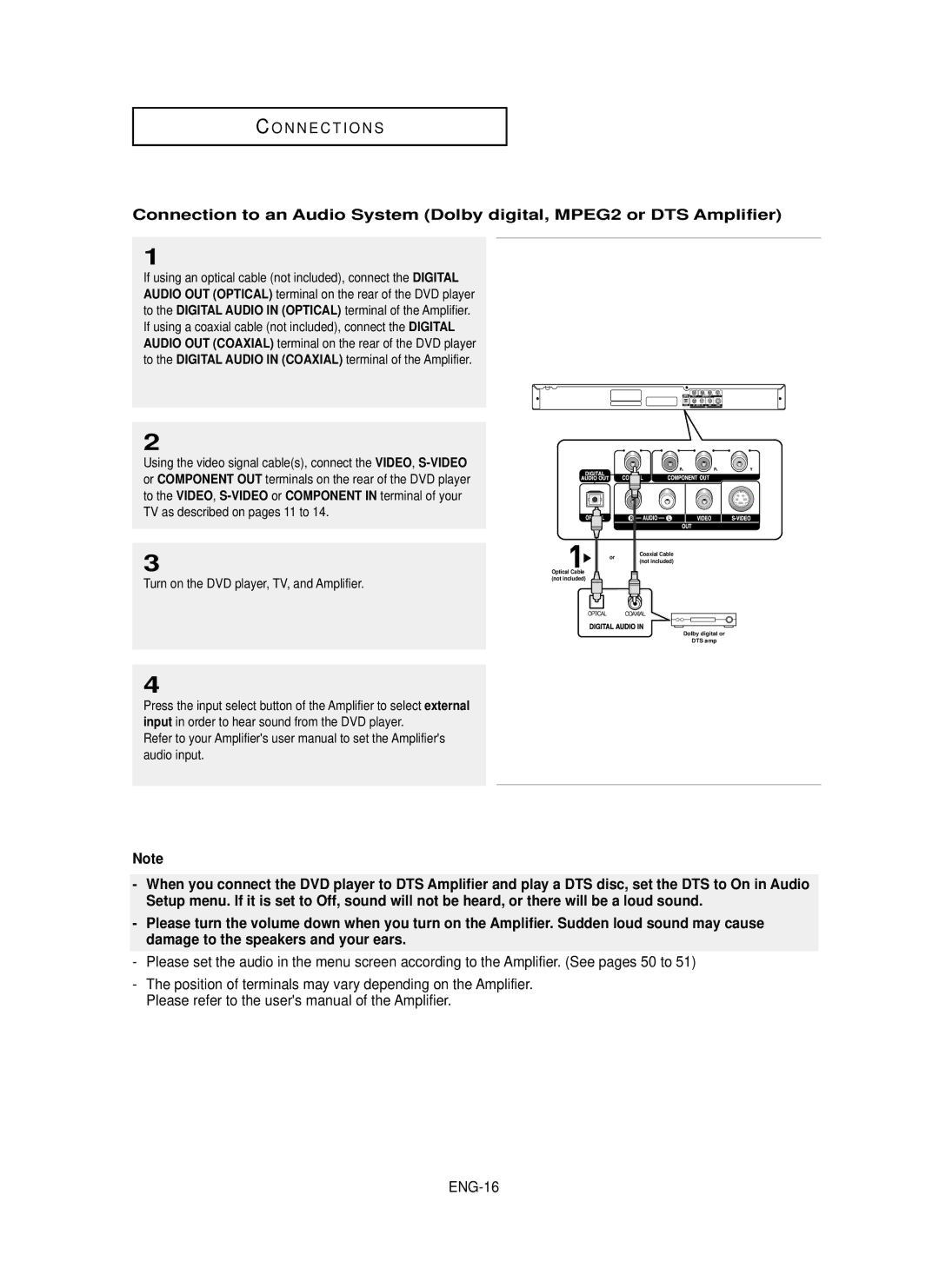 Samsung DVD-P350K/AFR If using an optical cable not included, connect, If using a coaxial cable not included, connect 