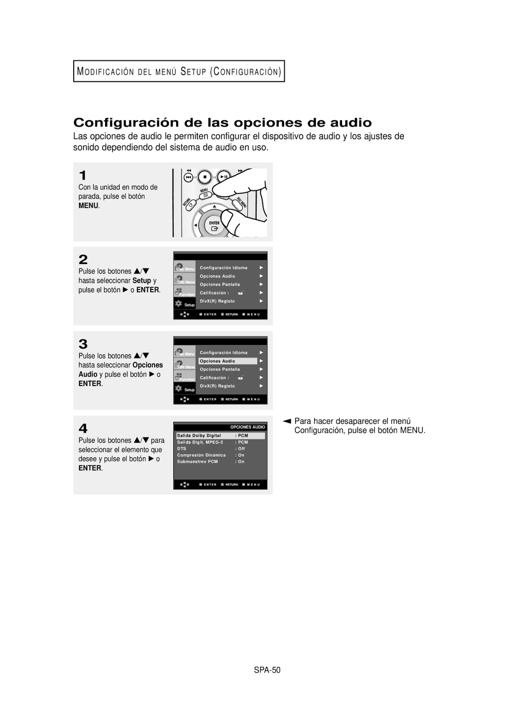 Samsung DVD-P350K/AFR manual Configuració n de las opciones de audio, SPA-50 