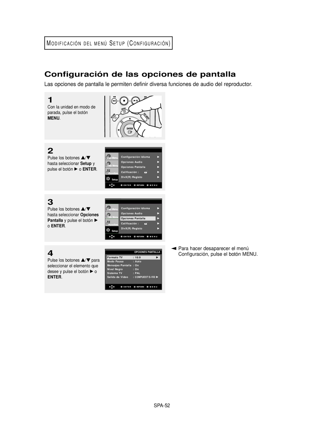 Samsung DVD-P350K/AFR manual Configuració n de las opciones de pantalla, SPA-52 