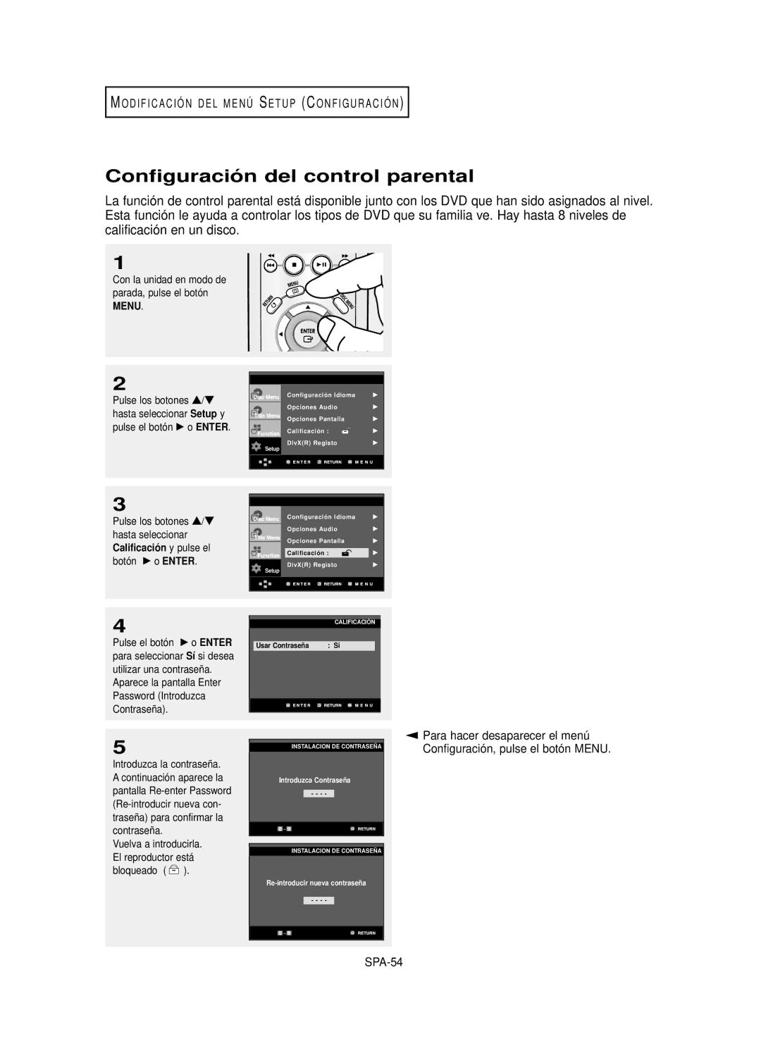 Samsung DVD-P350K/AFR manual Configuració n del control parental, Para hacer desaparecer el menú 