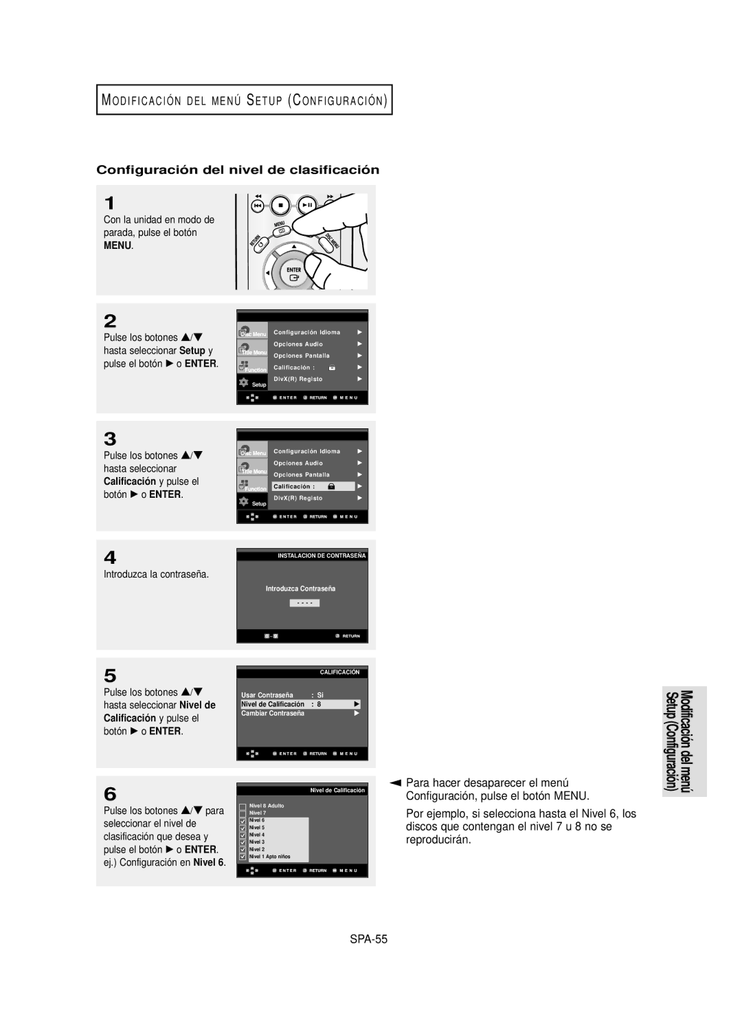 Samsung DVD-P350K/AFR manual Configuració n del nivel de clasificació n, SPA-55 