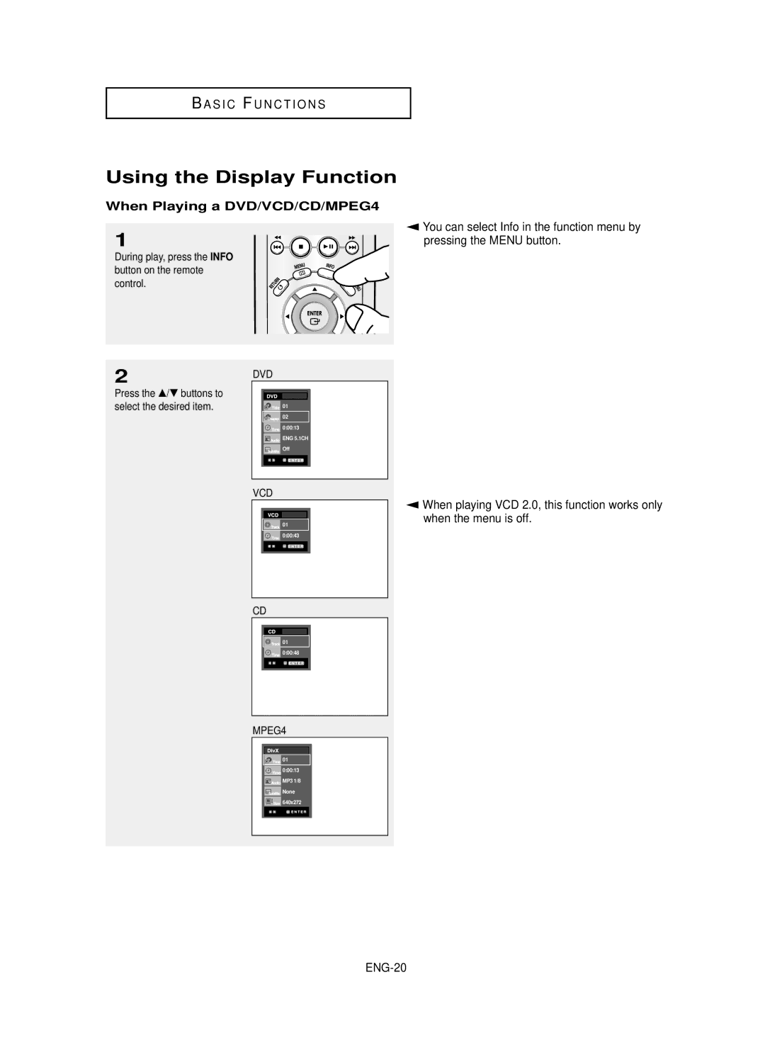 Samsung DVD-P350K/AFR Using the Display Function, When Playing a DVD/VCD/CD/MPEG4, ENG-20, Control, Button on the remote 