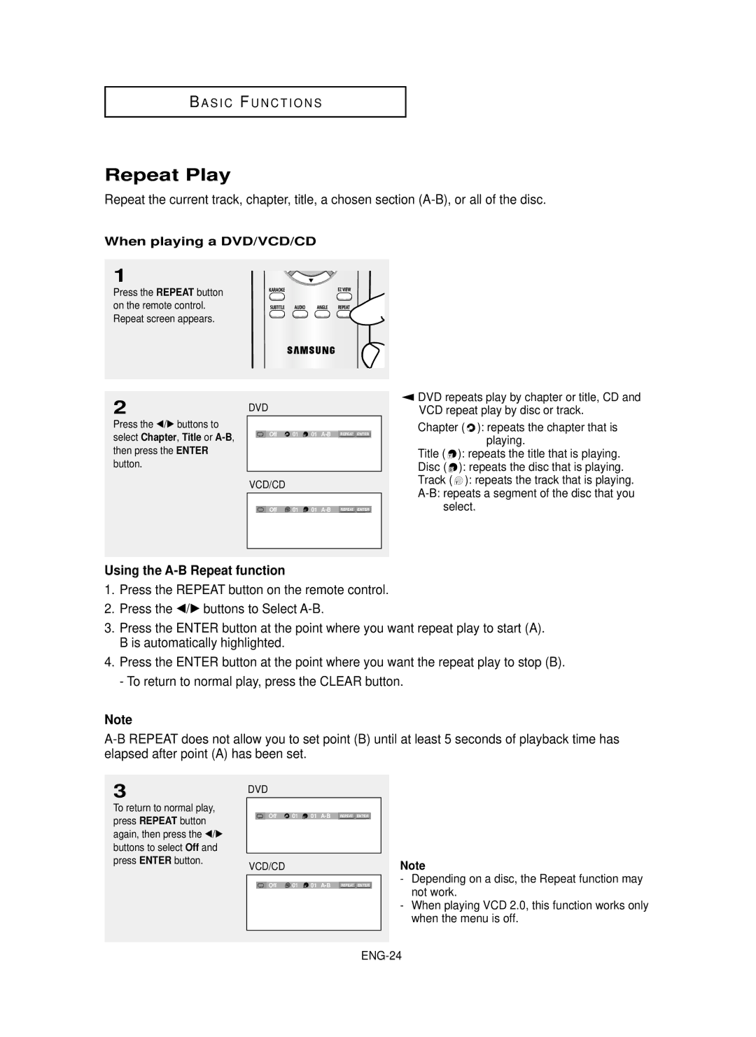 Samsung DVD-P350K/AFR manual Repeat Play, Using the A-B Repeat function, When playing a DVD/VCD/CD 