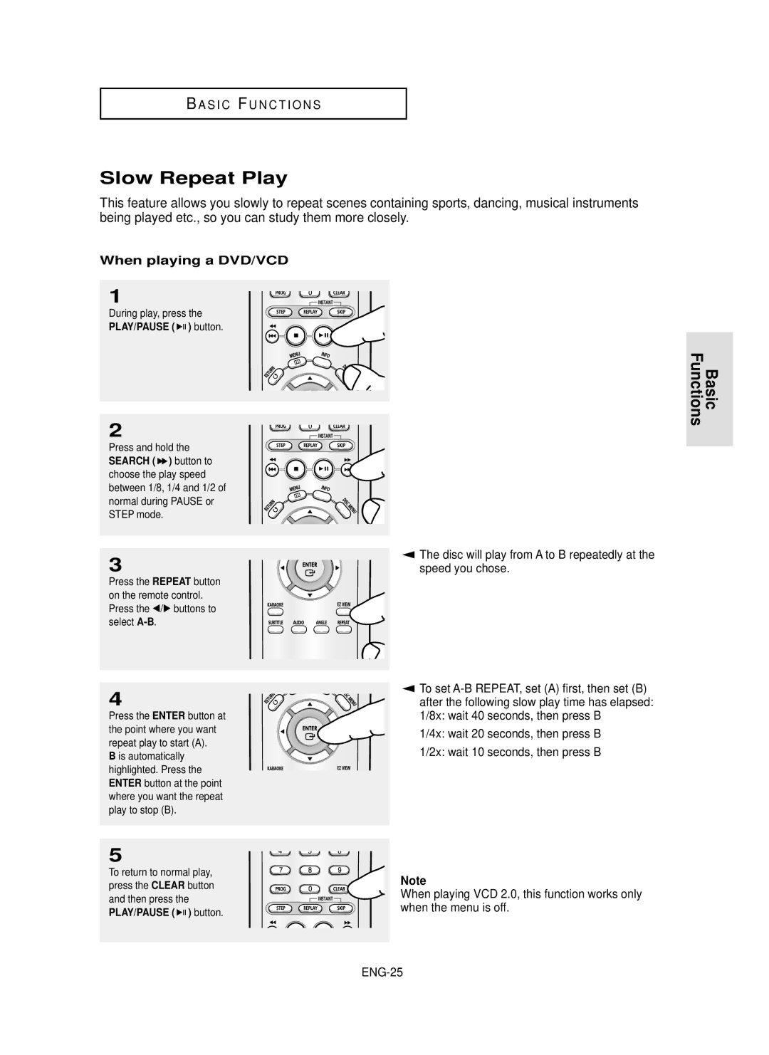 Samsung DVD-P350K/AFR manual Slow Repeat Play, When playing a DVD/VCD, When the menu is off, ENG-25, PLAY/PAUSE button 