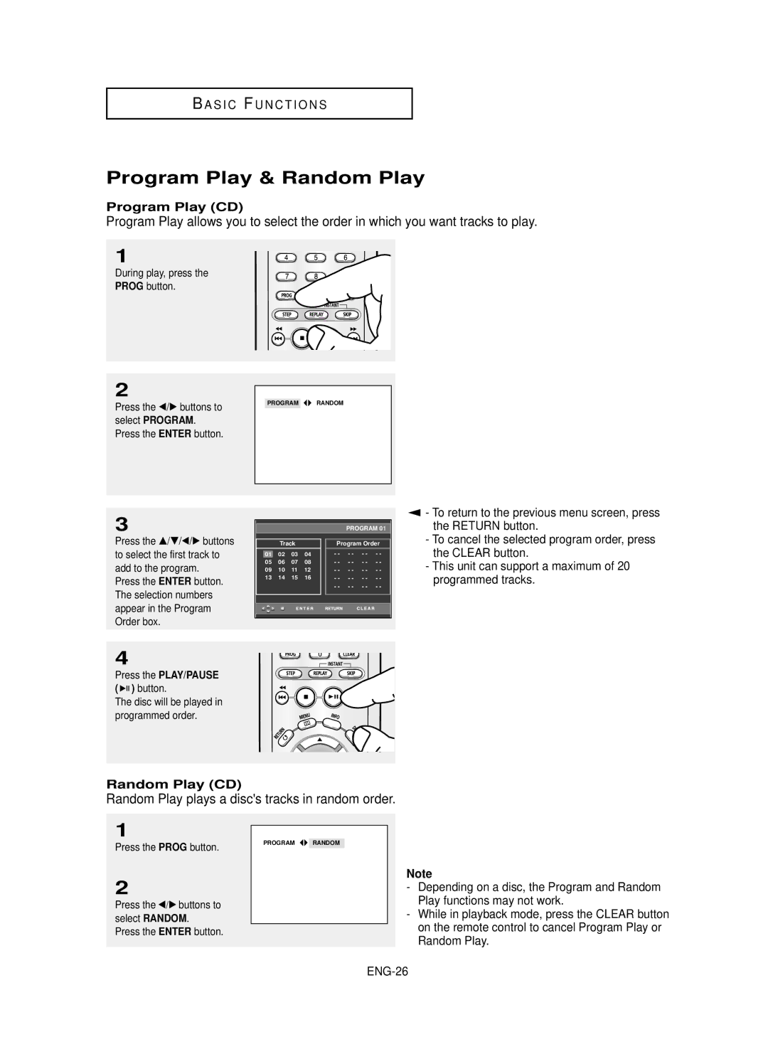 Samsung DVD-P350K/AFR Program Play & Random Play, Random Play plays a discs tracks in random order, Random Play CD, ENG-26 