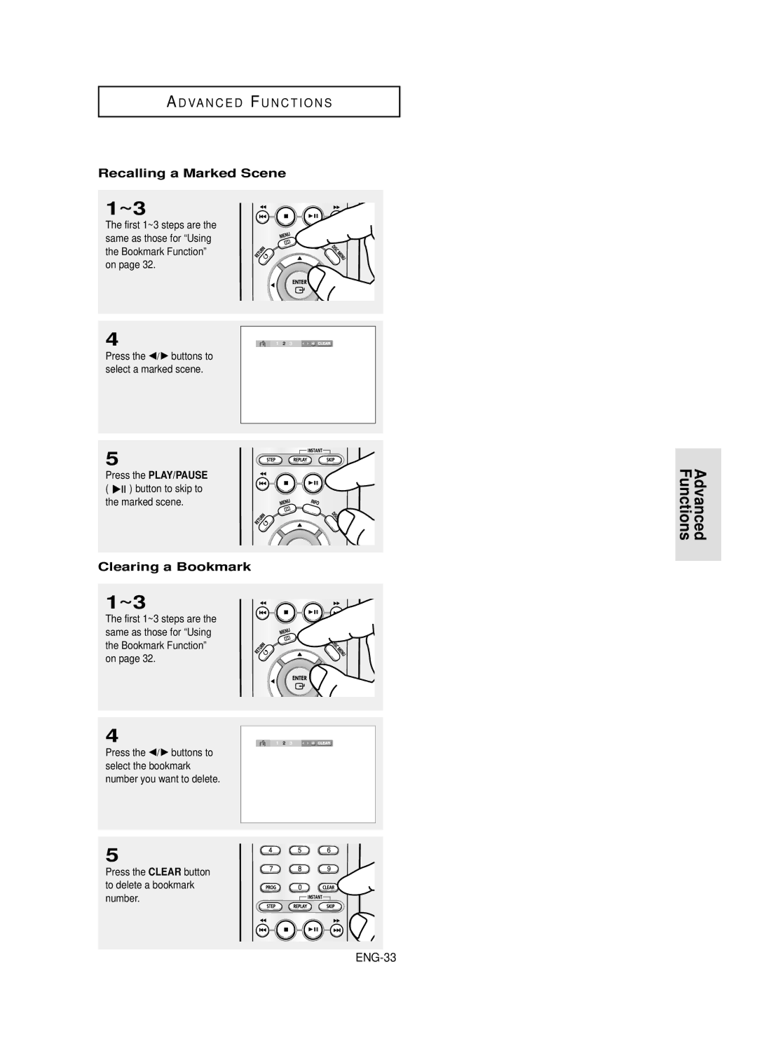 Samsung DVD-P350K/AFR manual Recalling a Marked Scene, Clearing a Bookmark, ENG-33 