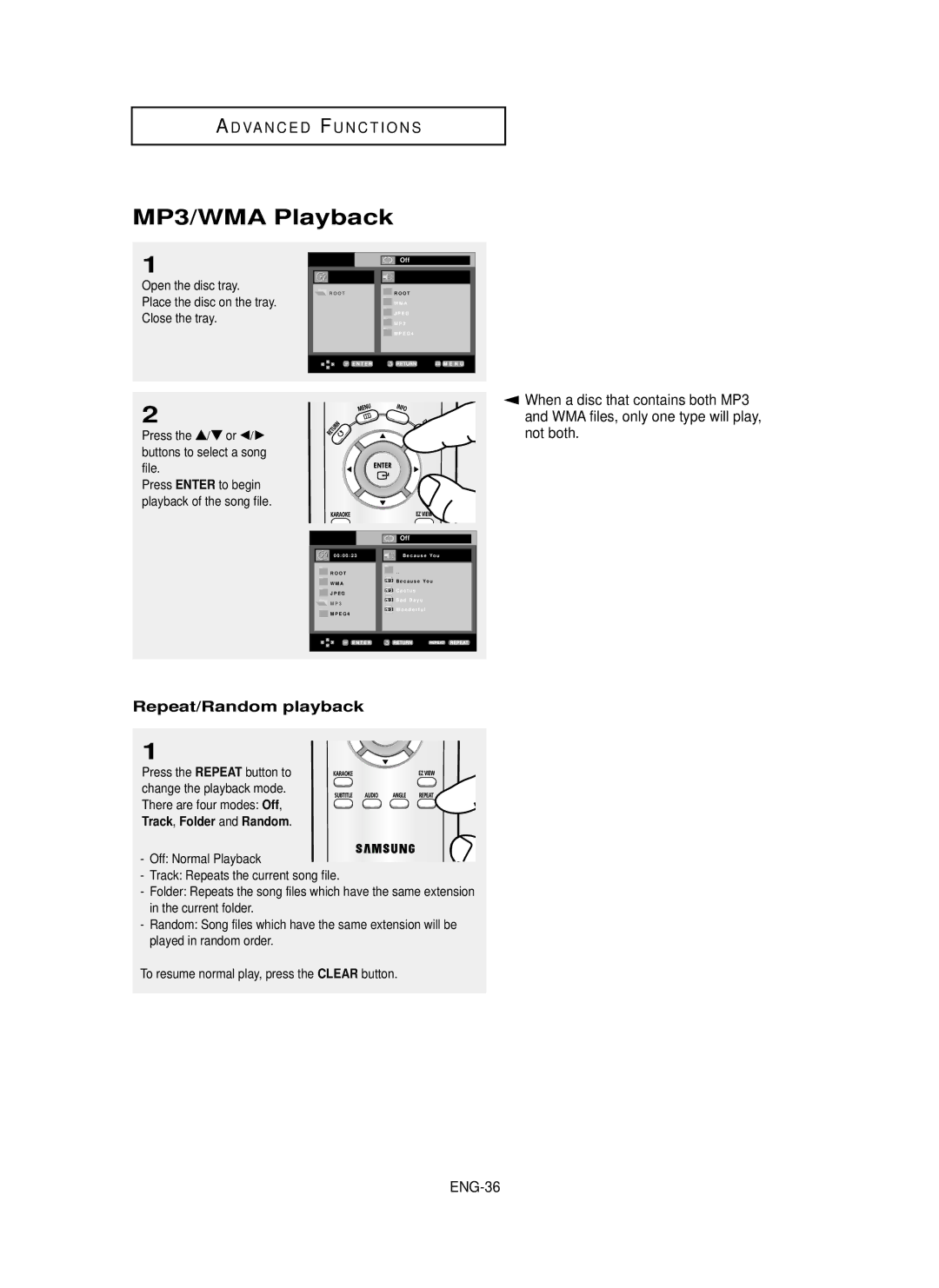 Samsung DVD-P350K/AFR manual MP3/WMA Playback, Repeat/Random playback, ENG-36, Track, Folder and Random 