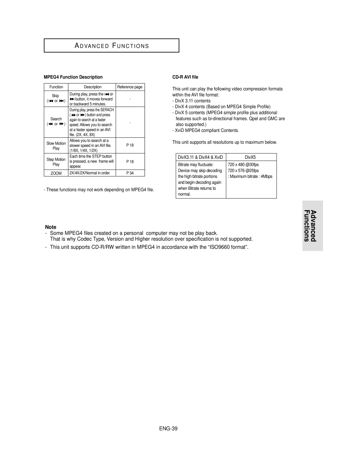 Samsung DVD-P350K/AFR ENG-39, MPEG4 Function Description, These functions may not work depending on MPEG4 file, DivX5 