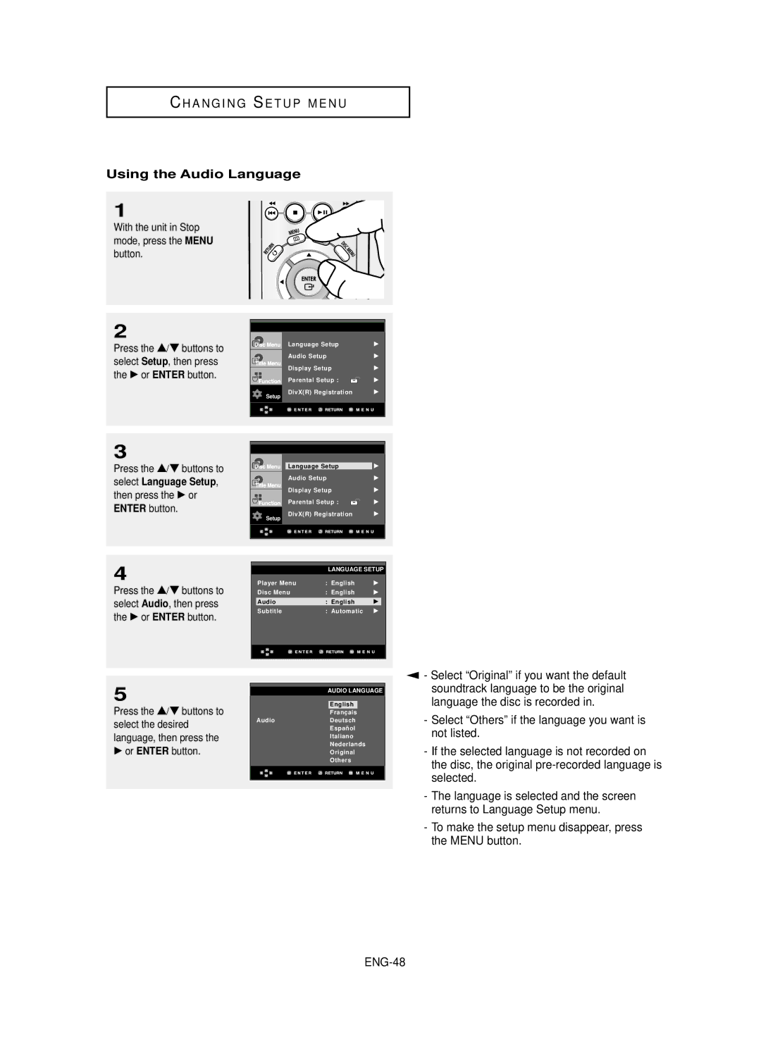 Samsung DVD-P350K/AFR manual Using the Audio Language, ENG-48 