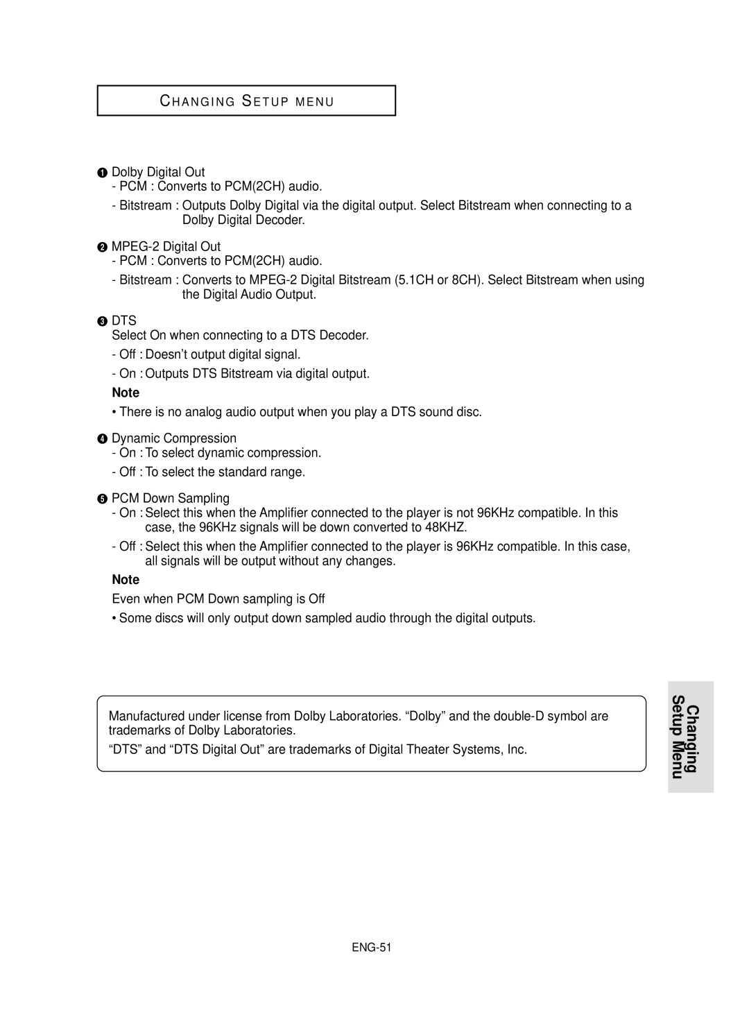 Samsung DVD-P350K/AFR Dolby Digital Out PCM Converts to PCM2CH audio, ´ MPEG-2 Digital Out PCM Converts to PCM2CH audio 