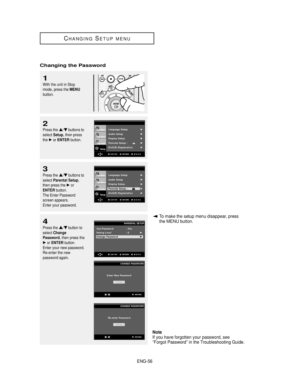 Samsung DVD-P350K/AFR manual Changing the Password, ENG-56 