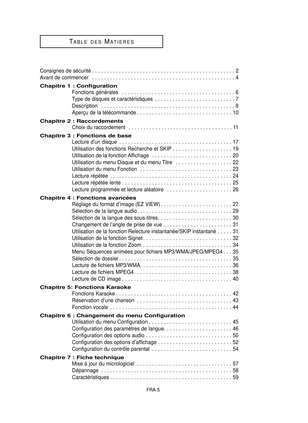 Samsung DVD-P350K/AFR manual Chapitre 1 Configuration, Chapitre 2 Raccordements, Chapitre 3 Fonctions de base 