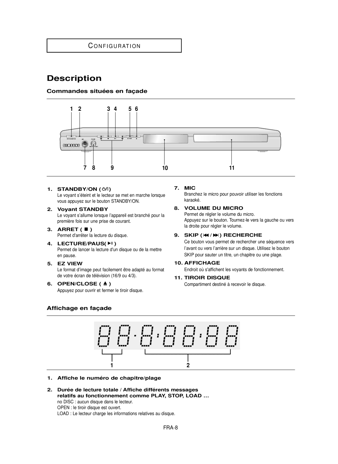 Samsung DVD-P350K/AFR manual Commandes situé es en faç ade, Affichage en faç ade 