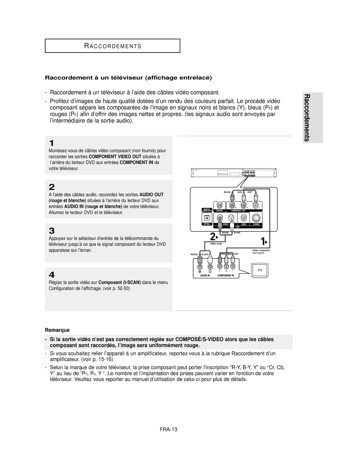 Samsung DVD-P350K/AFR manual Rouges P, ’intermédiaire de la sortie audio, Raccordements, FRA-13 