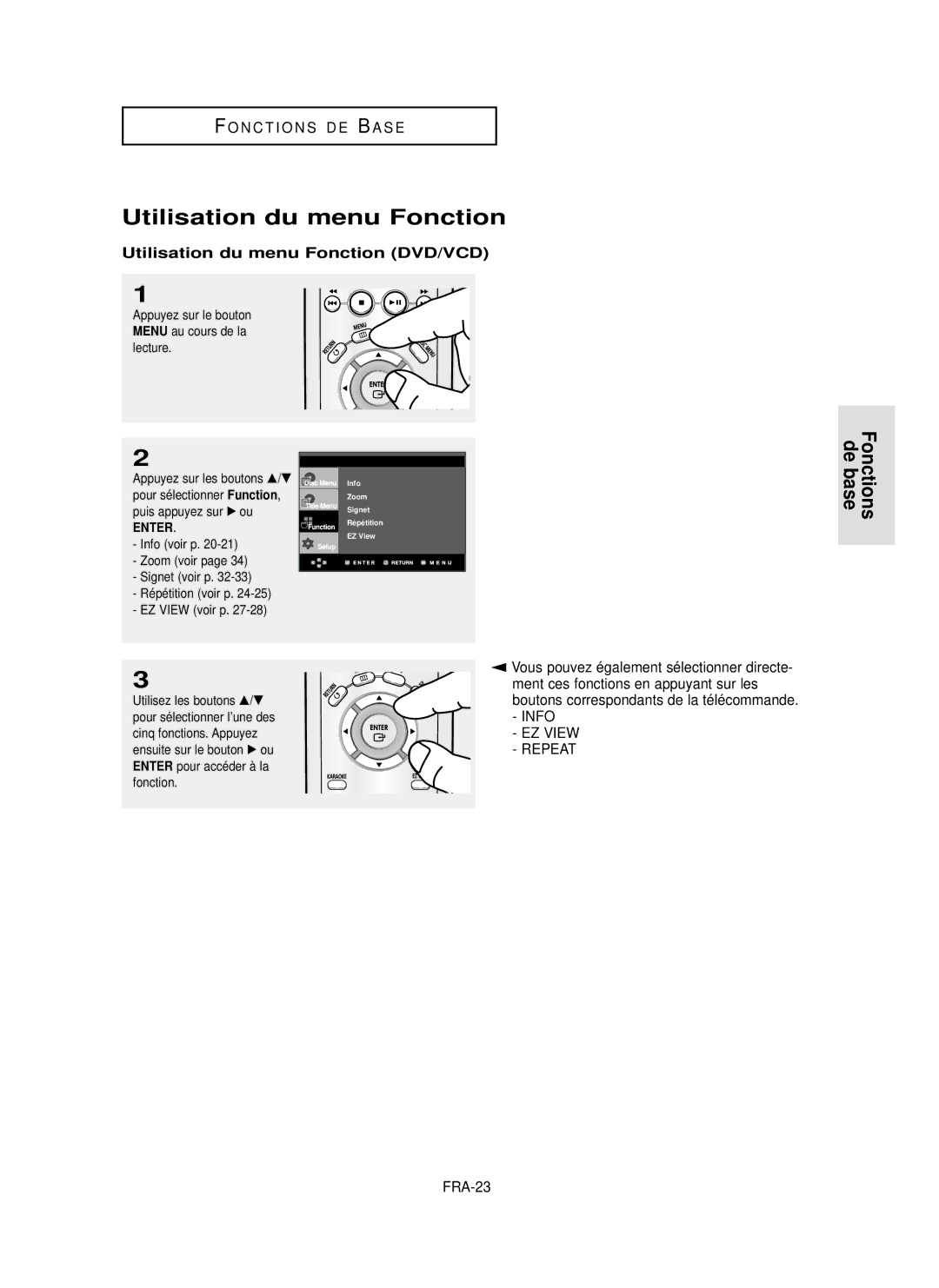 Samsung DVD-P350K/AFR manual Utilisation du menu Fonction DVD/VCD, FRA-23, Function 