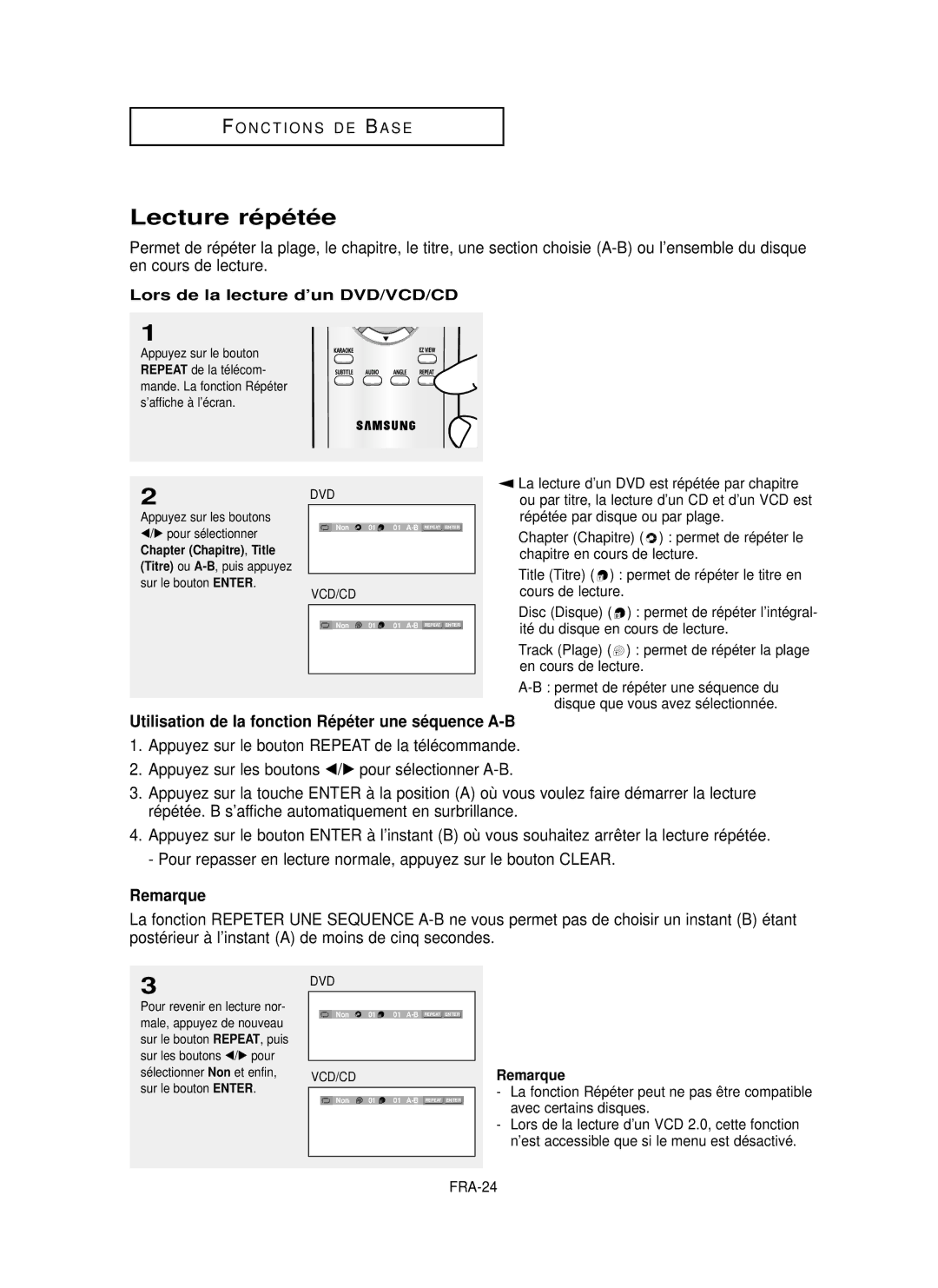 Samsung DVD-P350K/AFR manual Lecture ré pé té e, Utilisation de la fonction Ré pé ter une sé quence A-B 