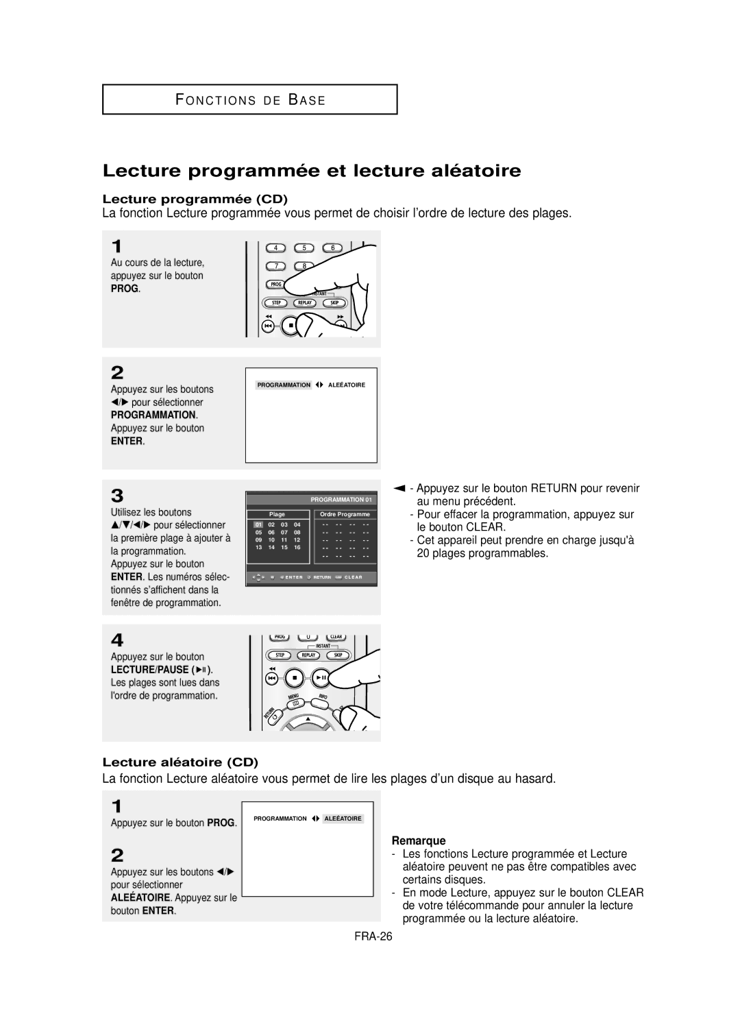 Samsung DVD-P350K/AFR Lecture programmé e et lecture alé atoire, Lecture programmé e CD, Lecture alé atoire CD, FRA-26 