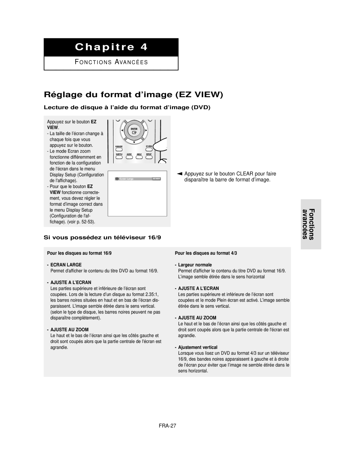 Samsung DVD-P350K/AFR manual Ré glage du format d’image EZ View, Lecture de disque à l’aide du format d’image DVD, FRA-27 