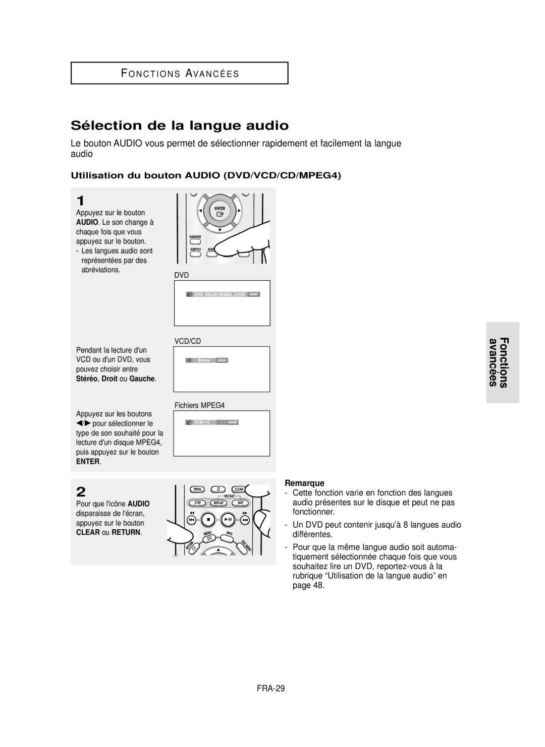 Samsung DVD-P350K/AFR manual Sélection de la langue audio, Fonctions avancées, Utilisation du bouton Audio DVD/VCD/CD/MPEG4 