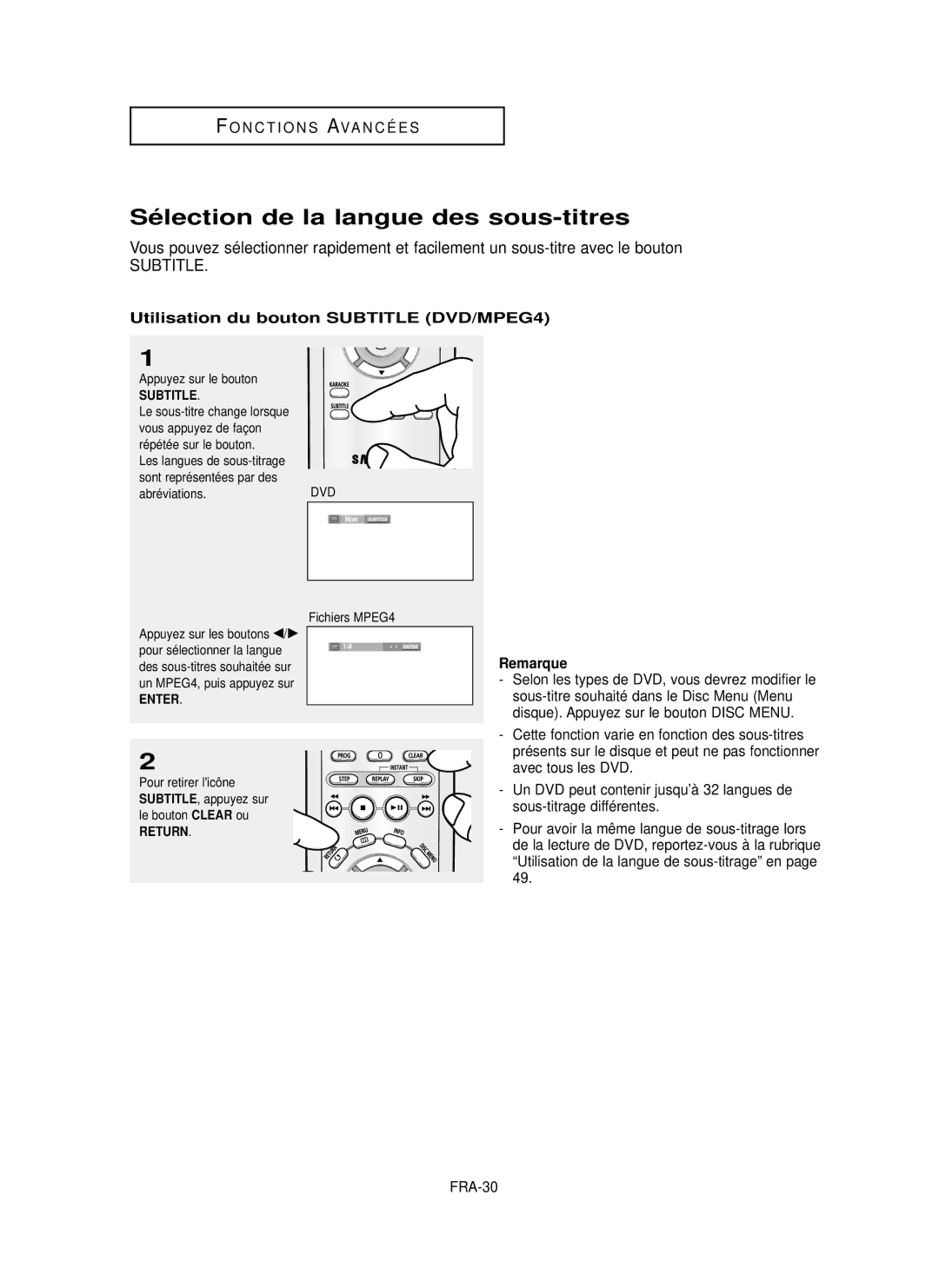 Samsung DVD-P350K/AFR manual Sé lection de la langue des sous-titres, Utilisation du bouton Subtitle DVD/MPEG4 