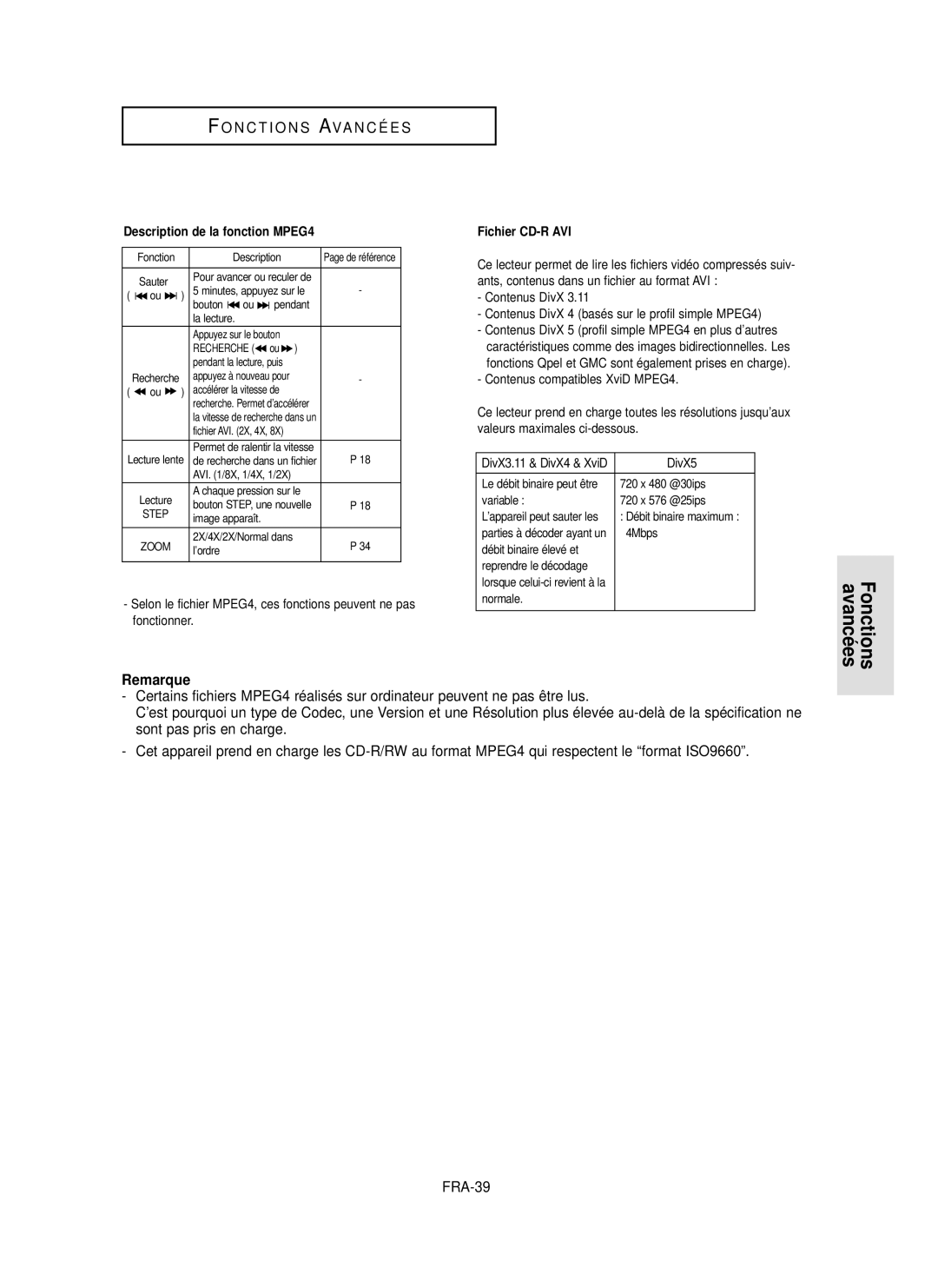 Samsung DVD-P350K/AFR manual Description de la fonction MPEG4, Fichier CD-R AVI, Contenus compatibles XviD MPEG4 