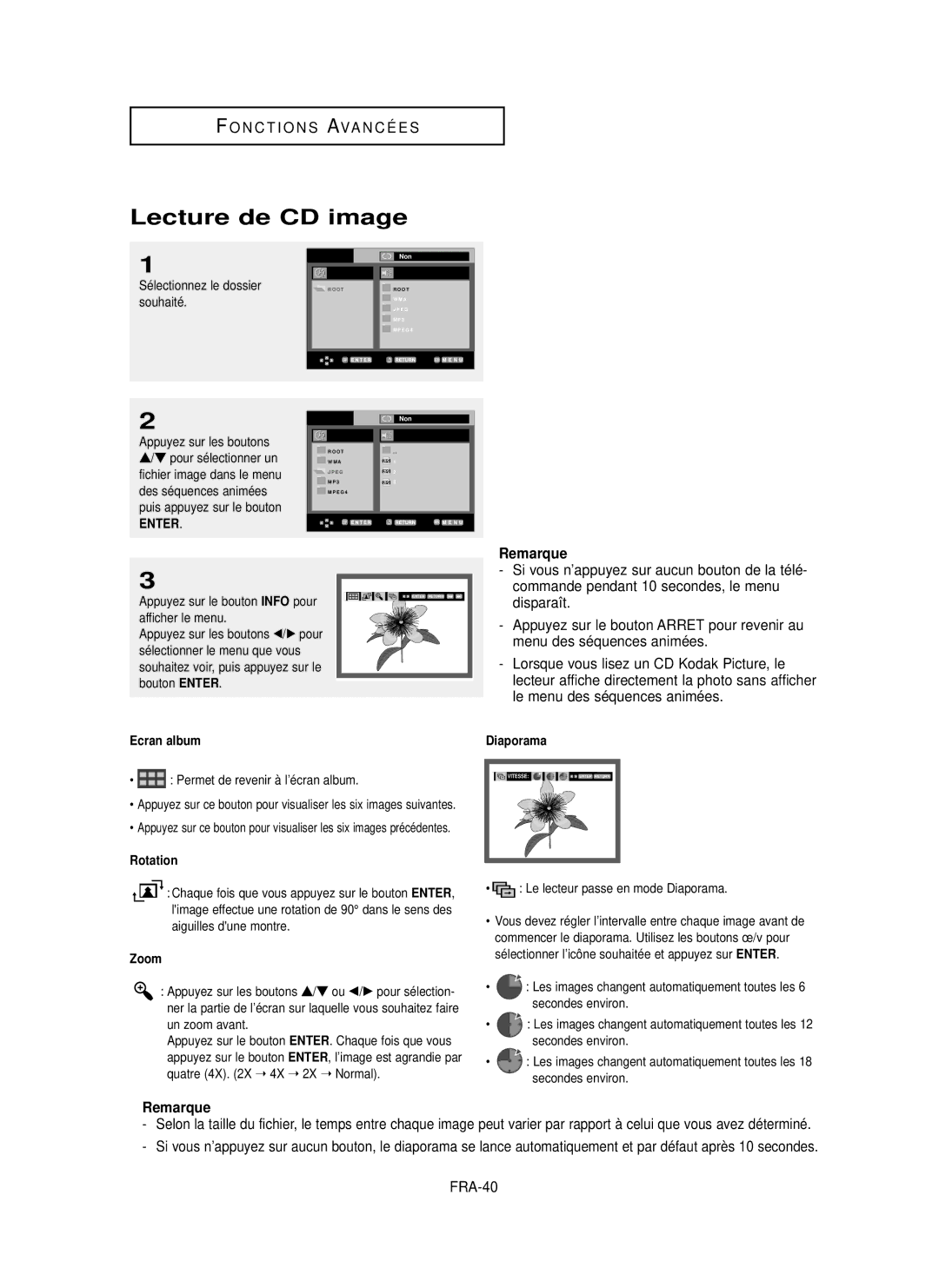 Samsung DVD-P350K/AFR manual Lecture de CD image, FRA-40, Ecran album, Diaporama 