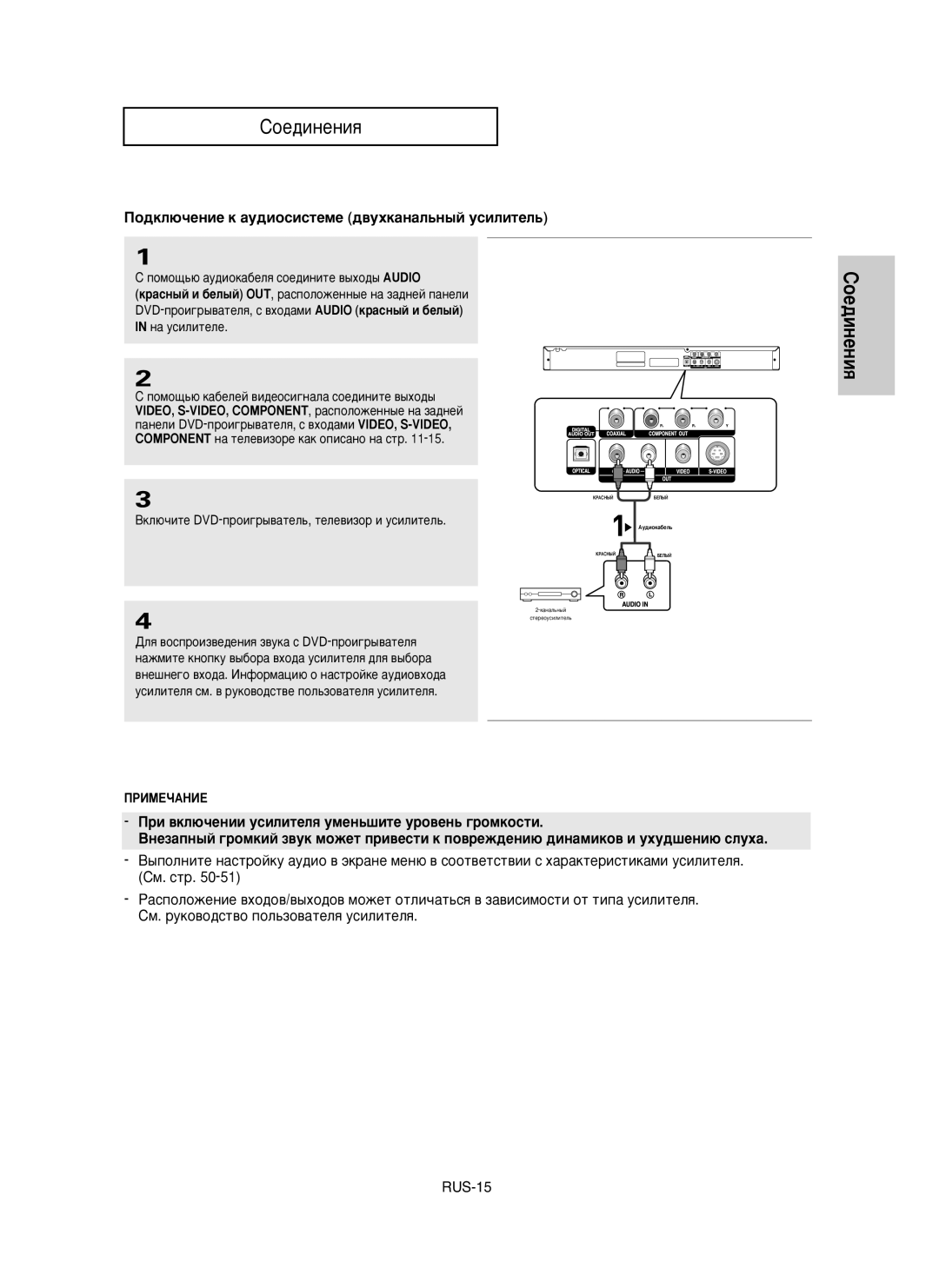 Samsung DVD-P350K/XEV manual ÈÓ‰ÍÎ˛˜ÂÌËÂ Í ‡Û‰ËÓÒËÒÚÂÏÂ ‰‚ÛıÍ‡Ì‡Î¸Ì˚È ÛÒËÎËÚÂÎ¸, ÔÓÏÓ˘¸˛ ‡Û‰ËÓÍ‡·ÂÎﬂ ÒÓÂ‰ËÌËÚÂ ‚˚ıÓ‰˚ Audio 