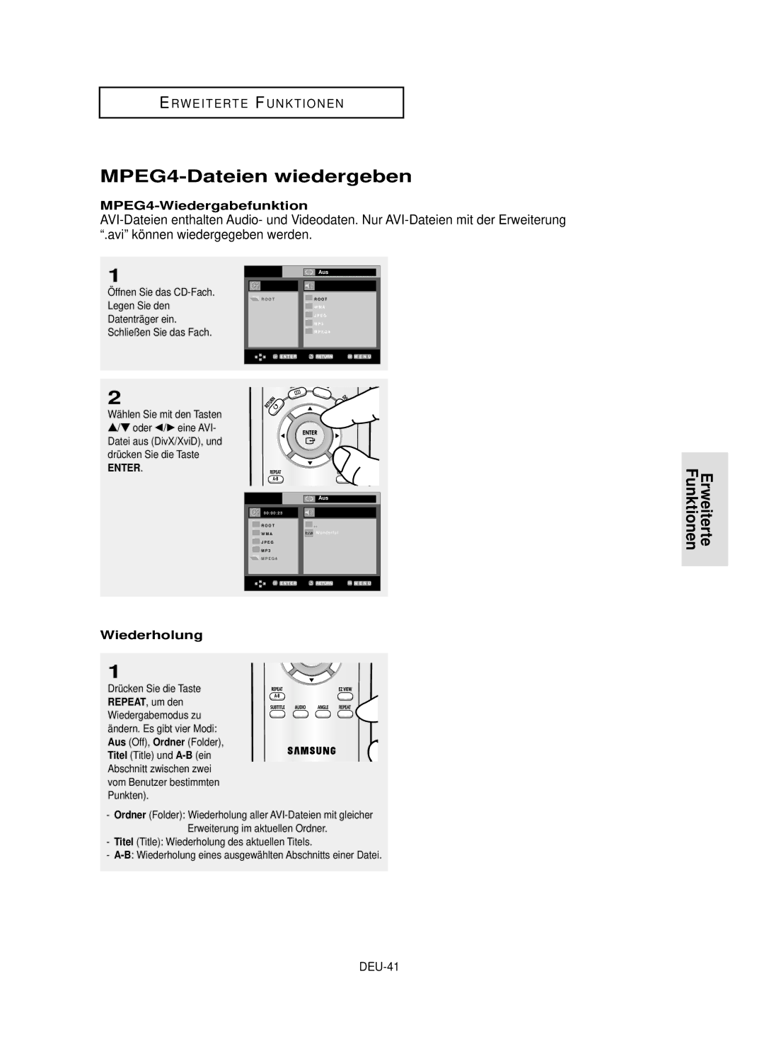 Samsung DVD-P355 manual MPEG4-Dateien wiedergeben, MPEG4-Wiedergabefunktion, Wiederholung, DEU-41 