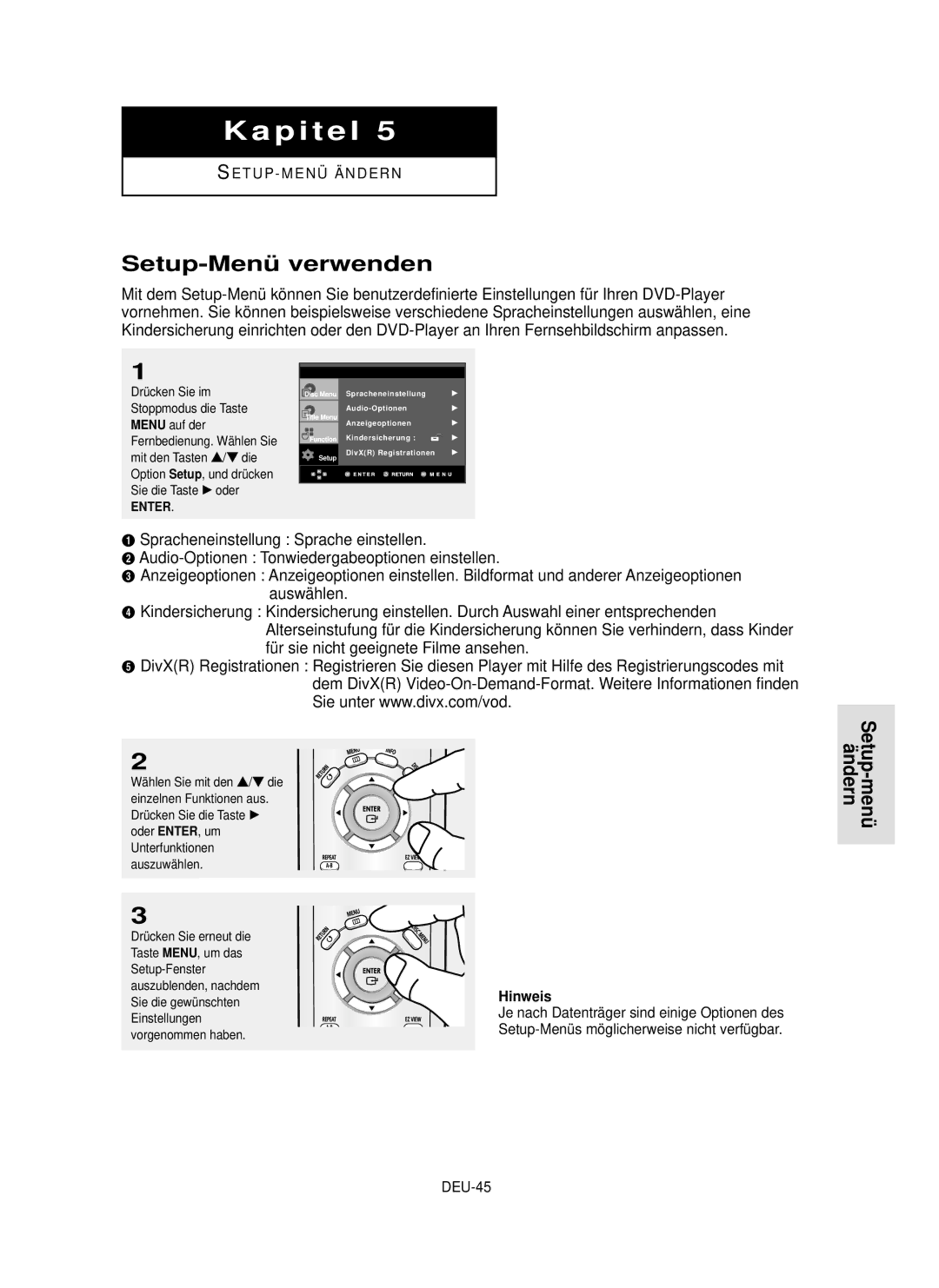 Samsung DVD-P355 manual Setup-Menü verwenden, Setup-menü ä ndern, DEU-45 