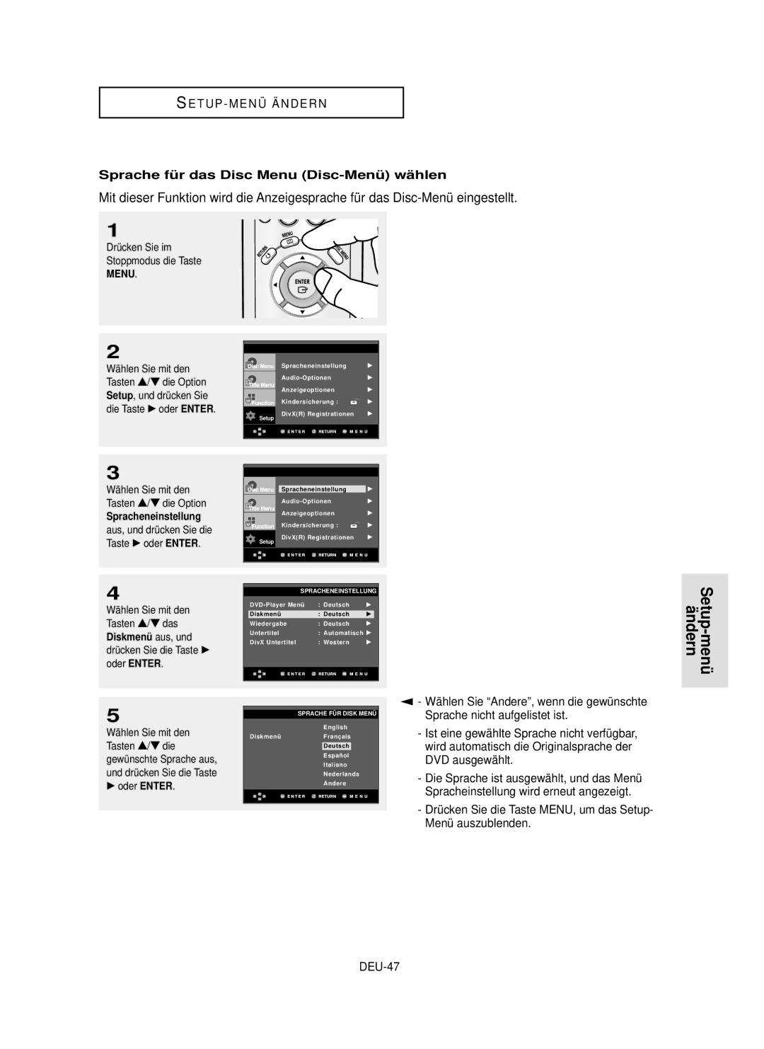 Samsung DVD-P355 manual Sprache fü r das Disc Menu Disc-Menü wä hlen, DEU-47, Spracheneinstellung 