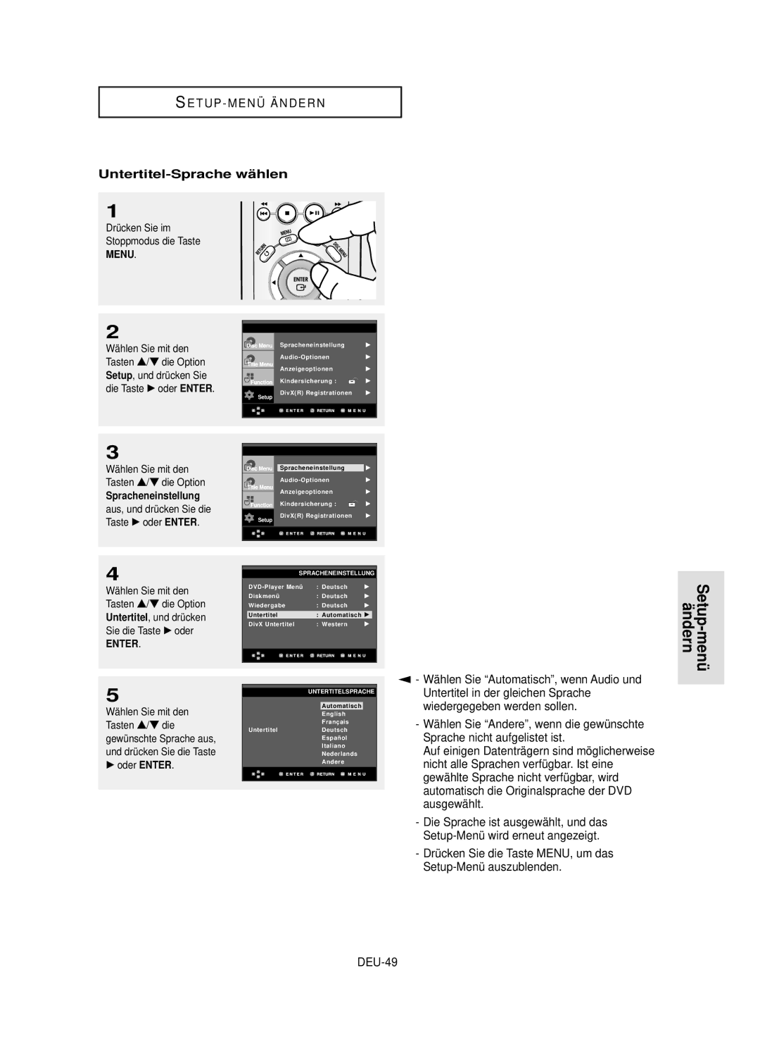 Samsung DVD-P355 Untertitel-Sprache wä hlen, Wiedergegeben werden sollen, Ausgewählt, Setup-Menü auszublenden, DEU-49 