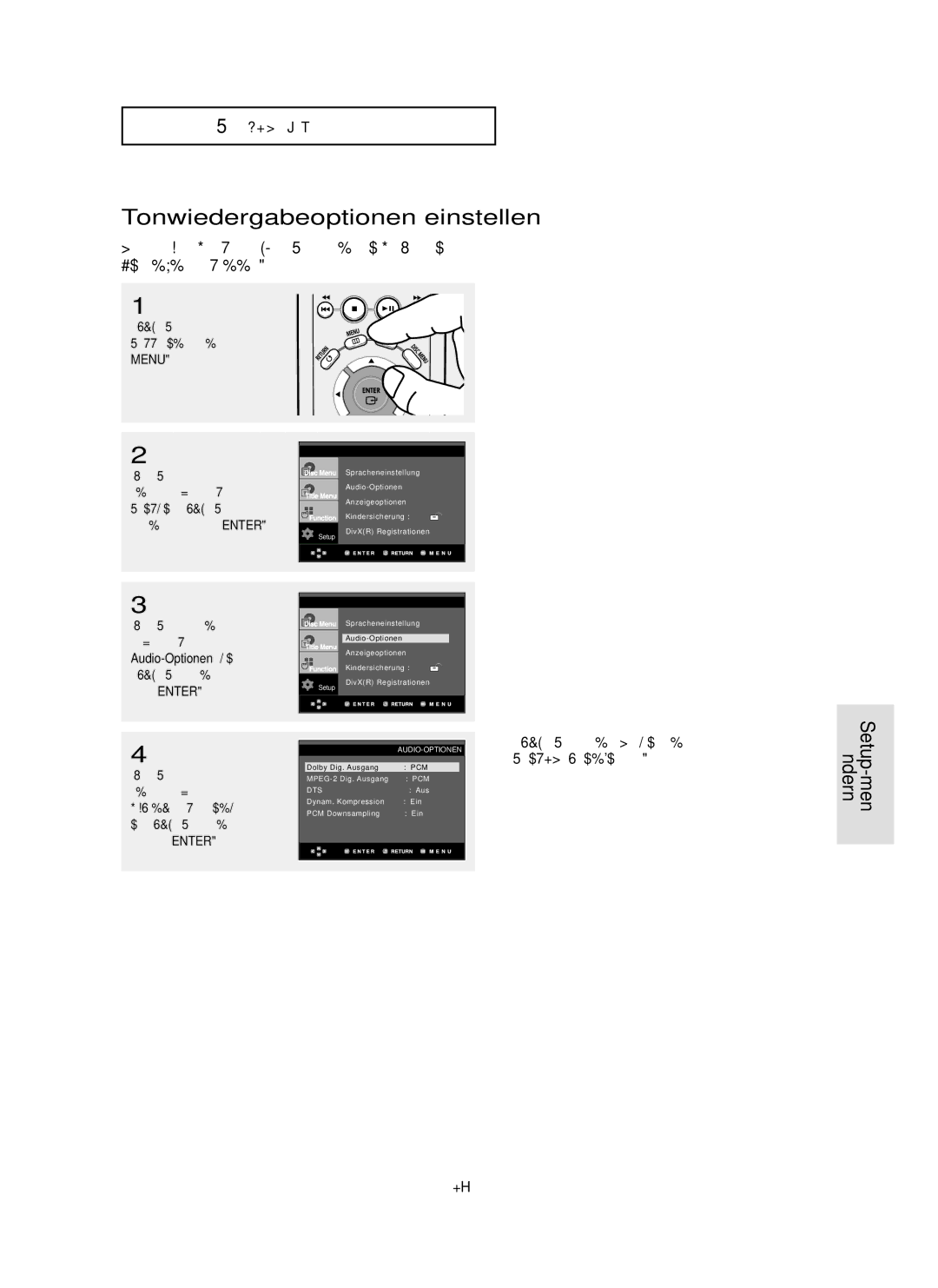 Samsung DVD-P355 manual Tonwiedergabeoptionen einstellen, DEU-51, Audio-Optionen, und, Oder Enter 