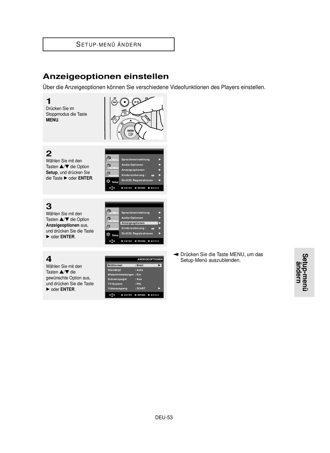 Samsung DVD-P355 manual Anzeigeoptionen einstellen, DEU-53, √ oder Enter 