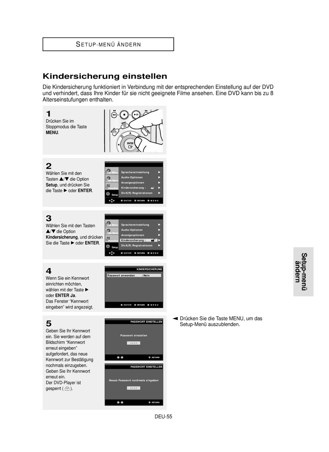 Samsung DVD-P355 manual Kindersicherung einstellen, Setup-Menü auszublenden DEU-55, Wählen mit der Taste √ oder Enter Ja 